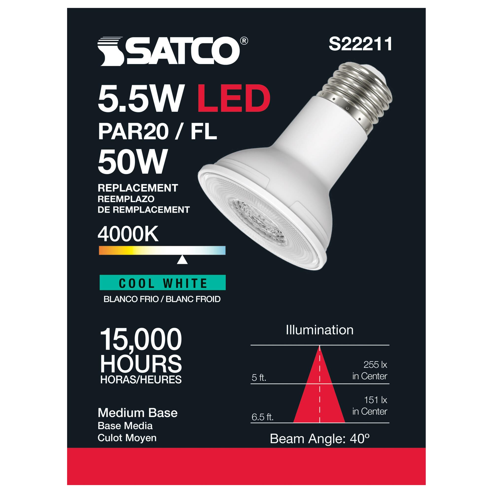 Dimmable 5.5 Watt 4000K PAR20 LED Light Bulb by Satco