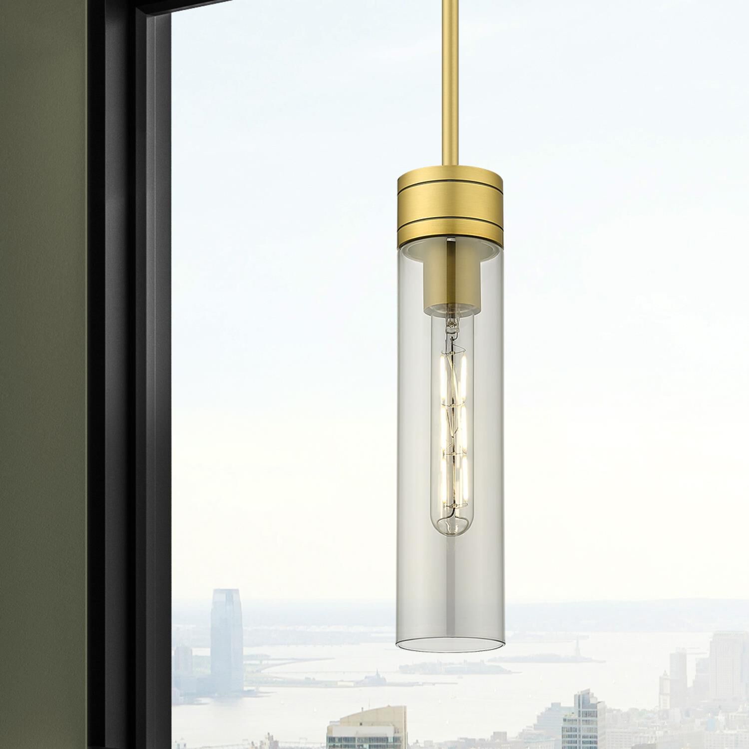 Shown in Brushed Brass finish and Light Smoke glass