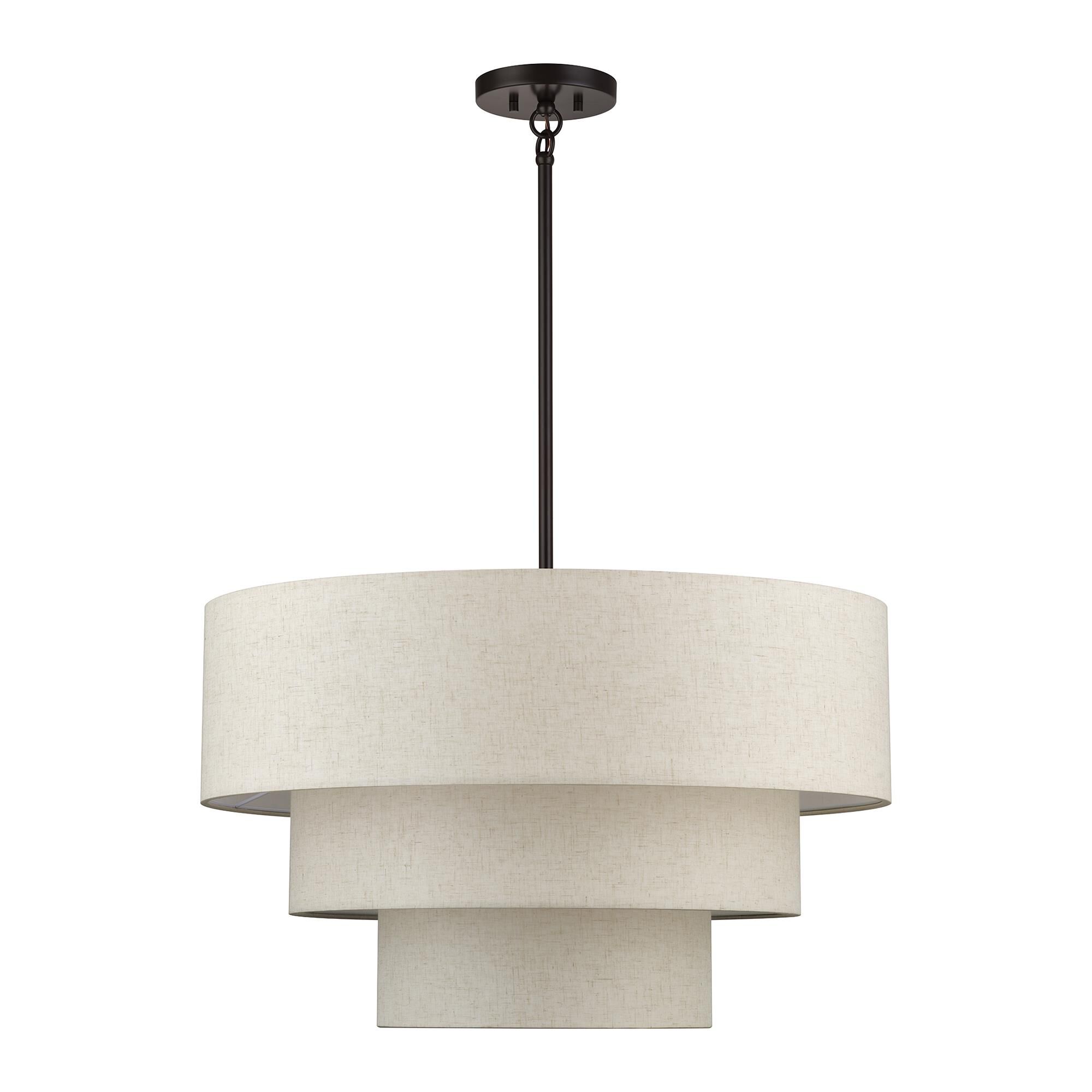 Shown in English Bronze finish and Hand Crafted Oatmeal Color Fabric with White Color Inside shade