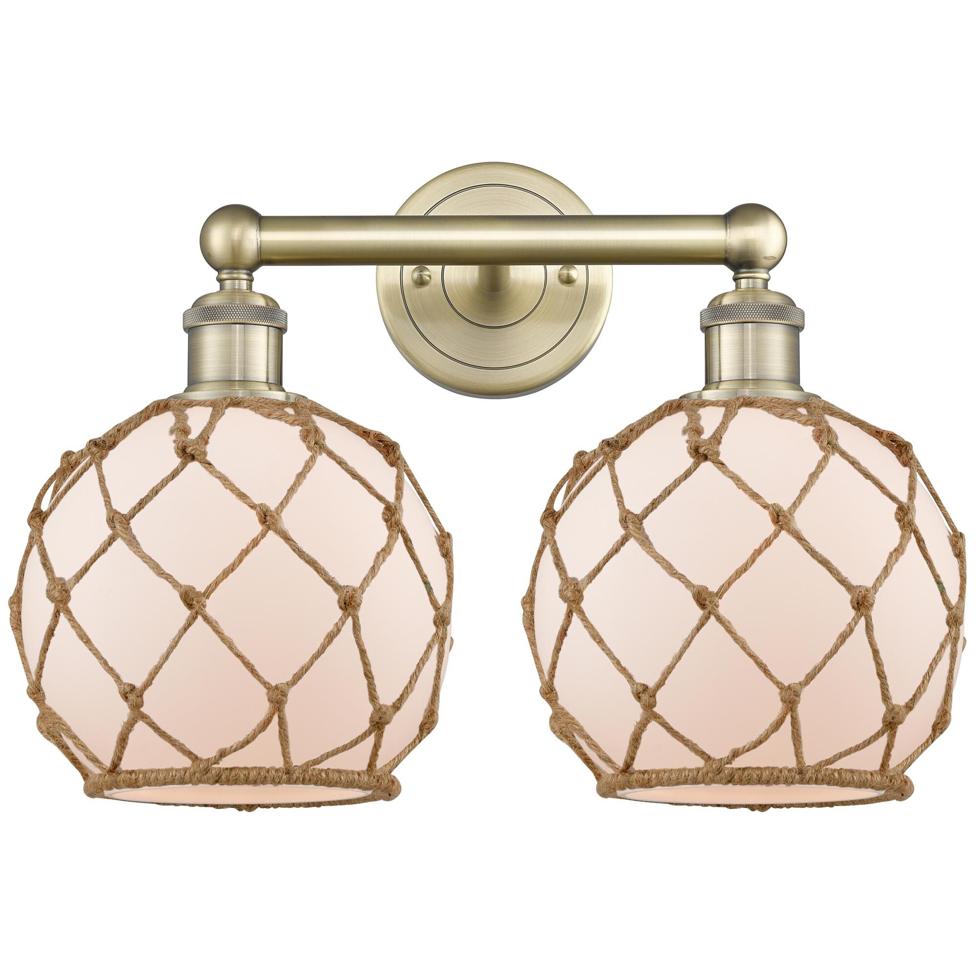 Shown in Antique Brass finish and White with Brown Rope glass