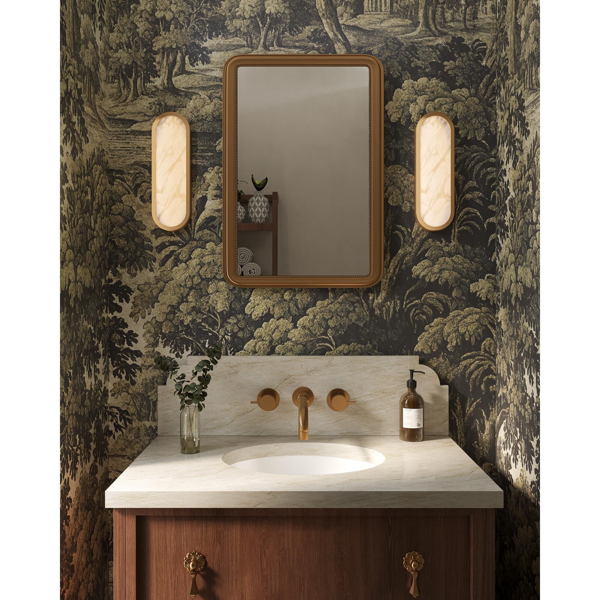 Shown in Brushed Gold finish and Alabaster glass
