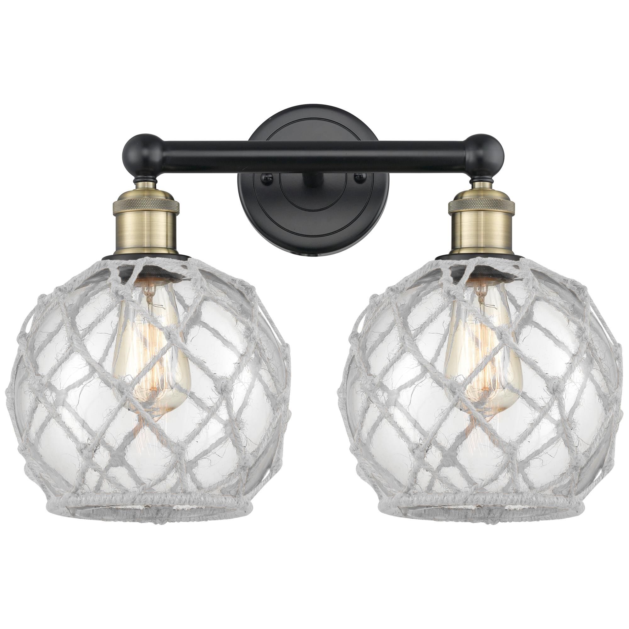 Shown in Black Antique Brass finish and Clear with White Rope glass