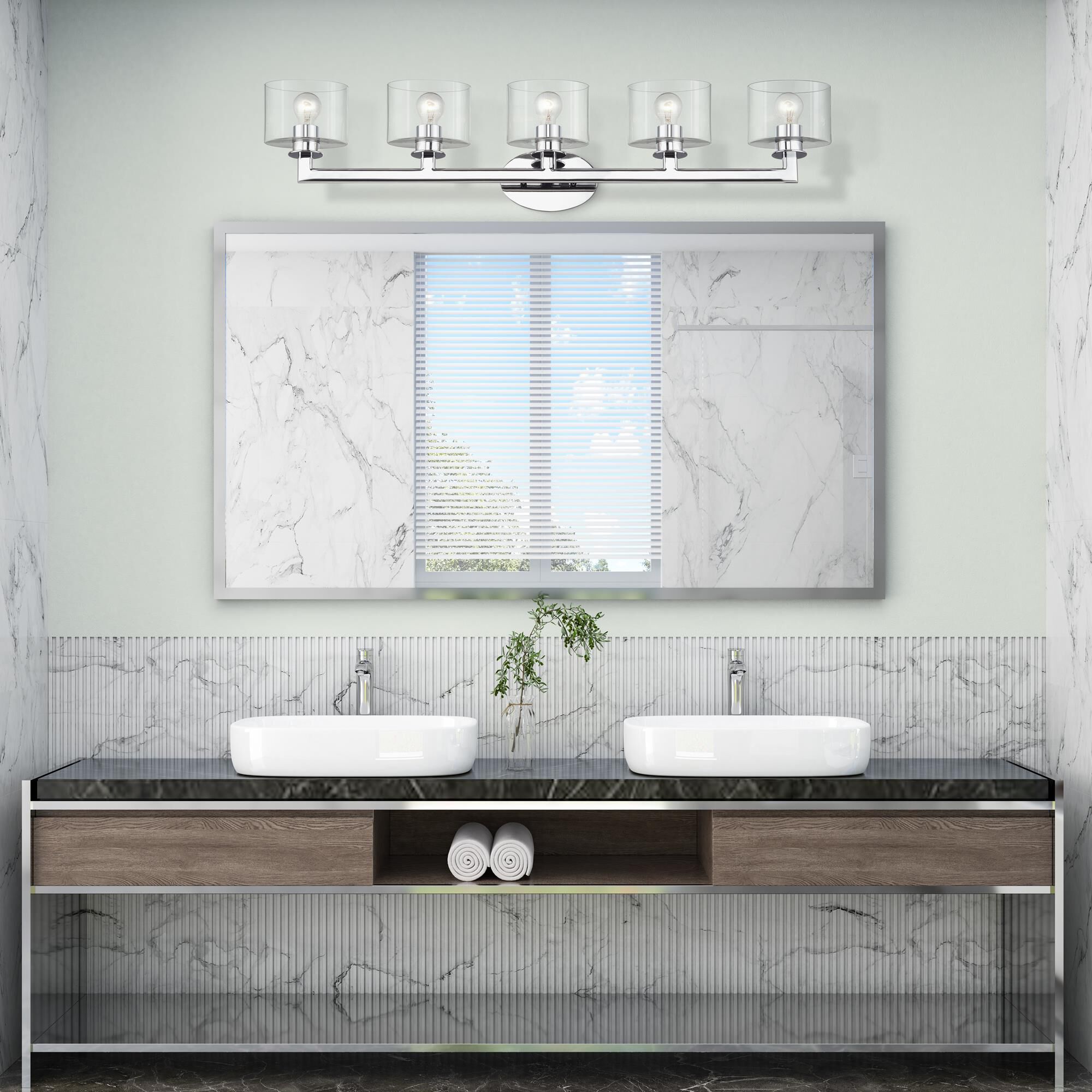 Shown in Polished Chrome finish and Mouth Blown Clear glass