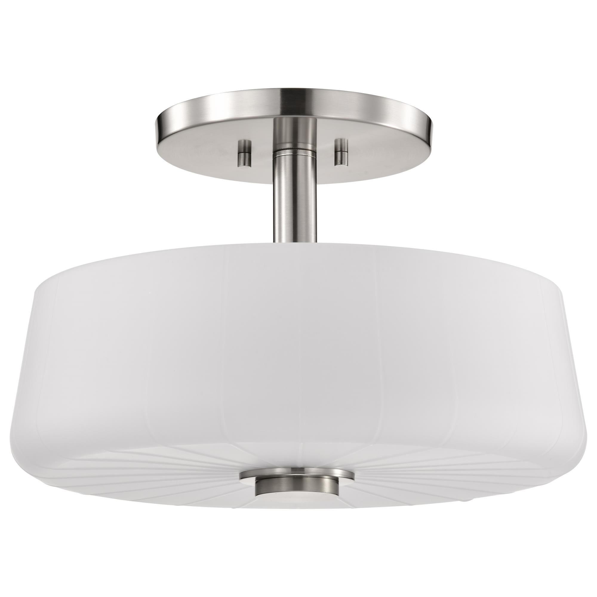 Shown in Brushed Nickel finish and Etched White glass