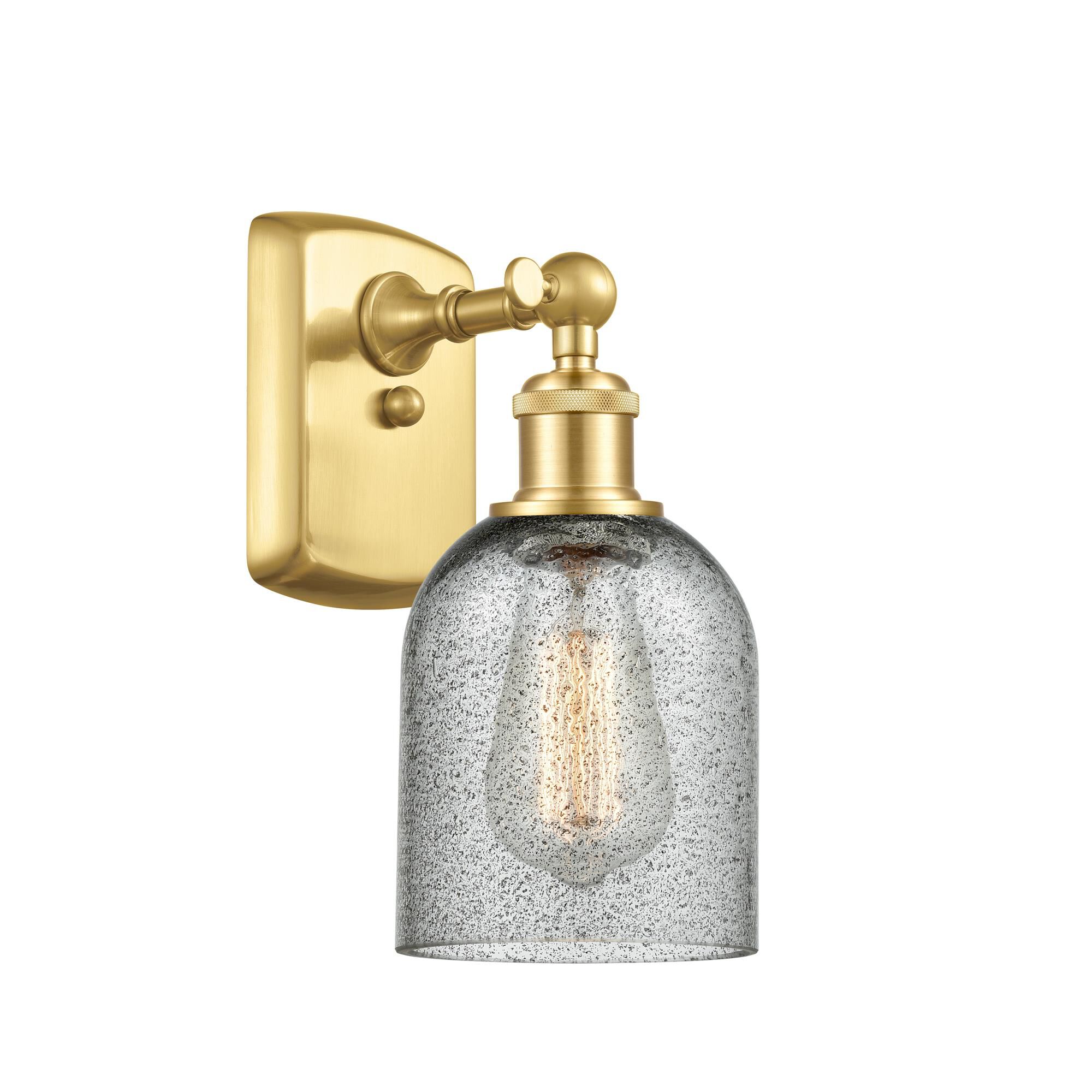 Shown in Satin Gold finish and Charcoal Caledonia glass