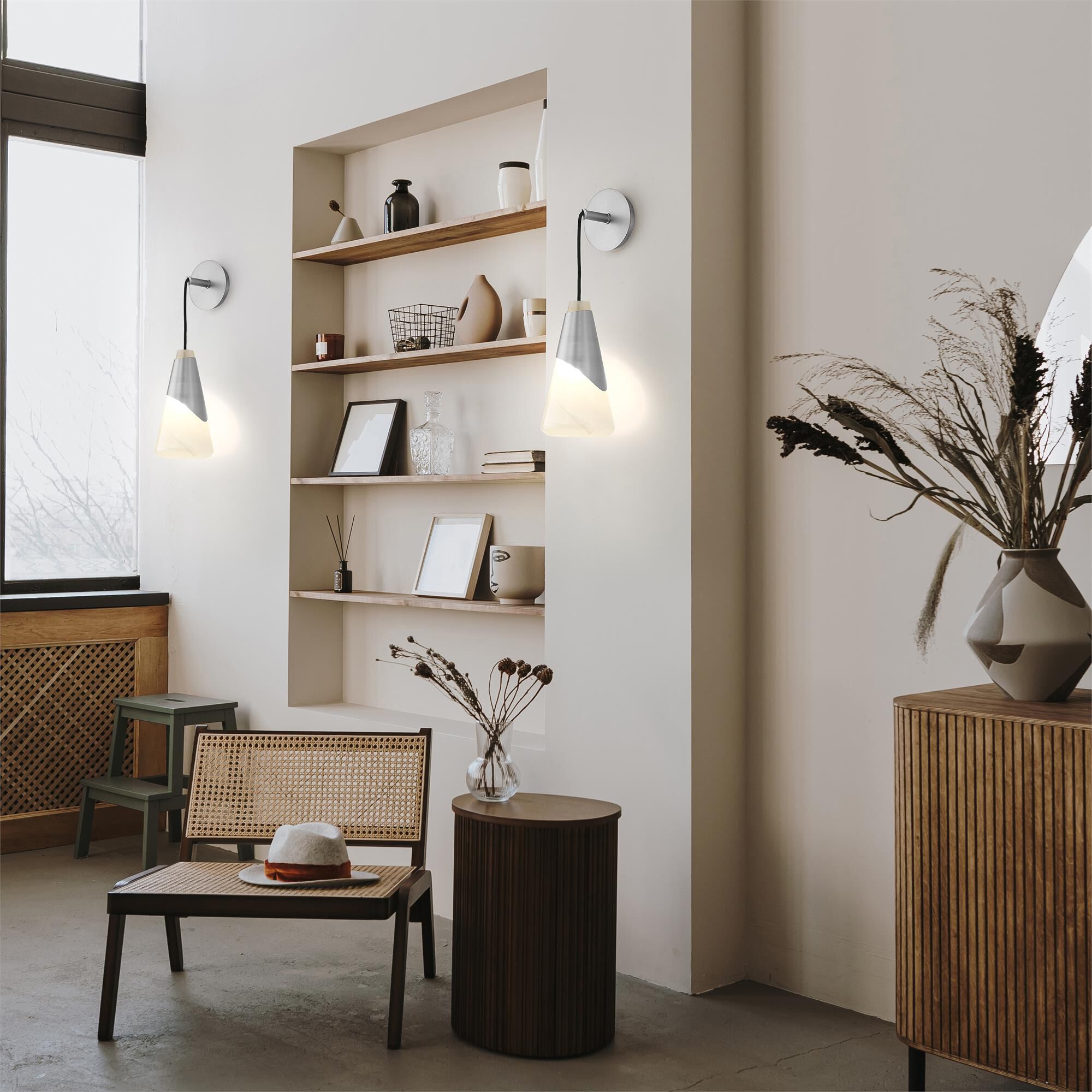 Shown in Brushed Nickel finish and White Swirl glass and White Swirl shade