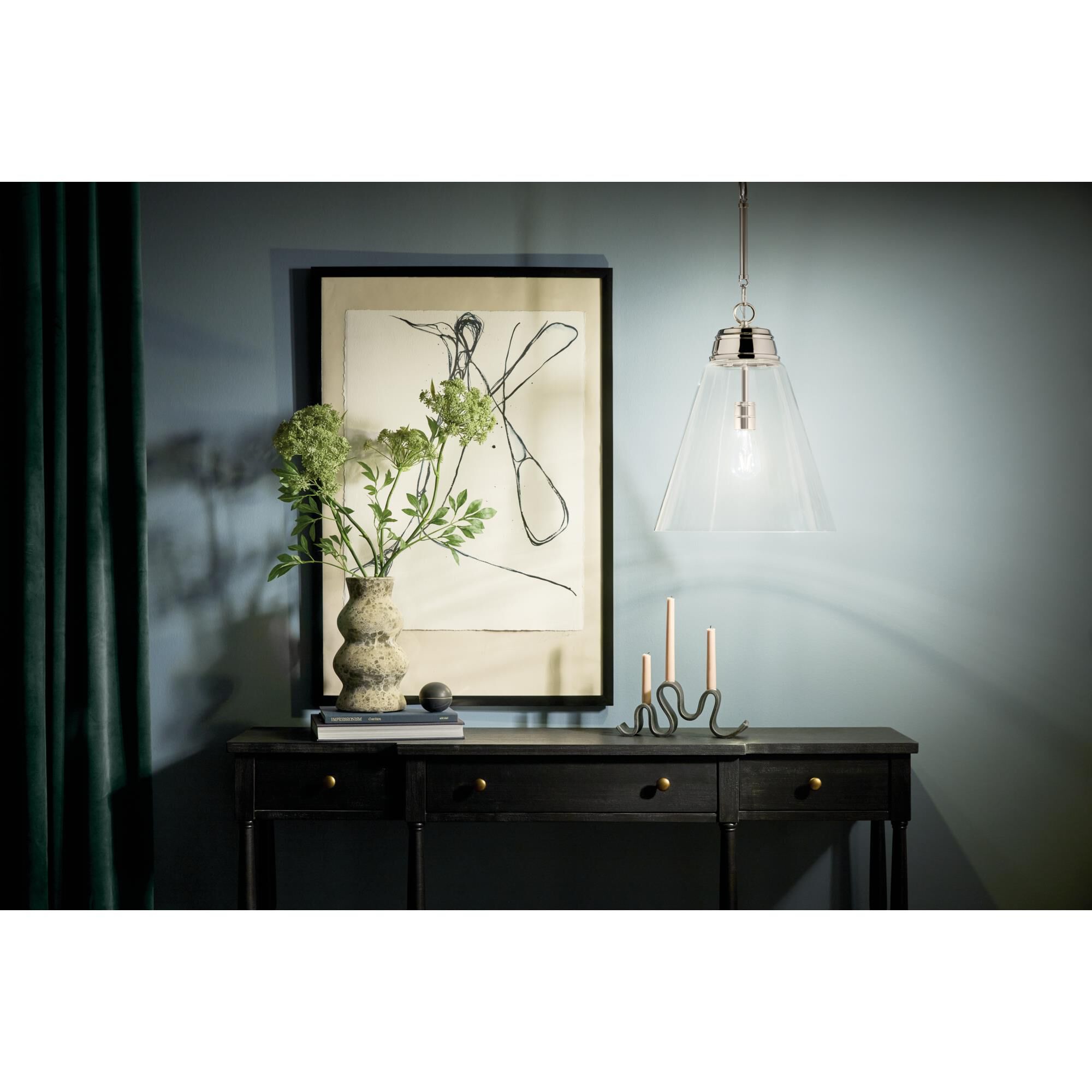 Shown in Polished Nickel finish and Clear glass