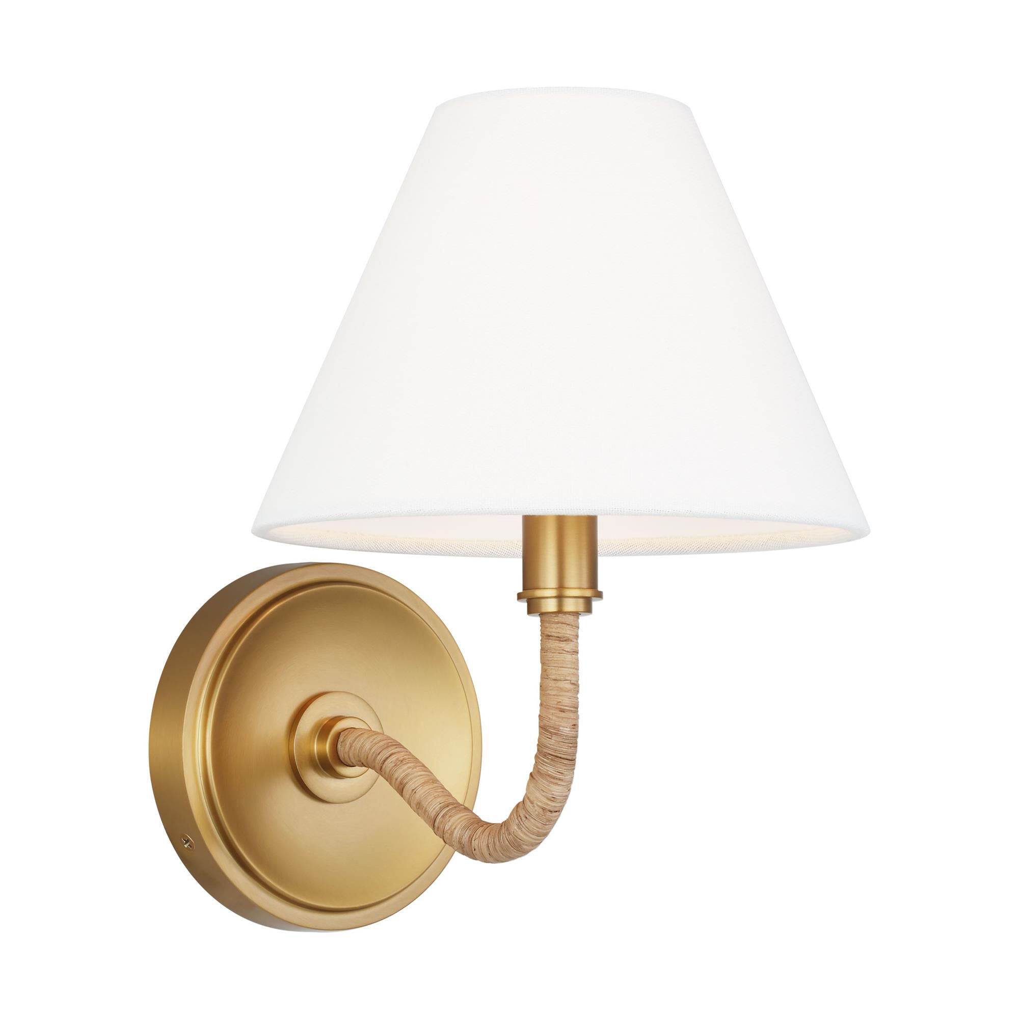 Shown in Burnished Brass finish and White Linen shade