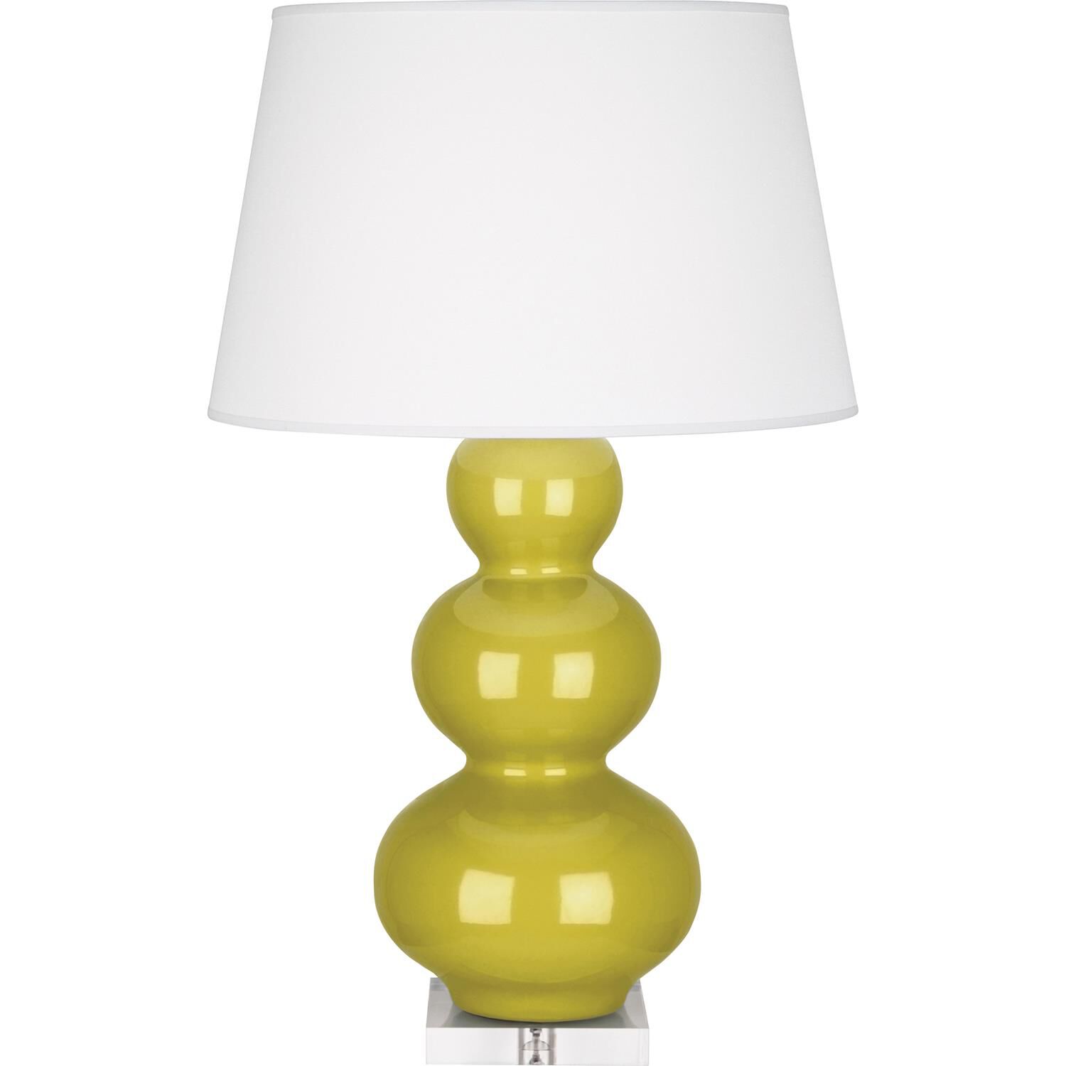 Shown in Citron Glazed Ceramic With Lucite Base finish and Pearl Dupioni Fabric shade