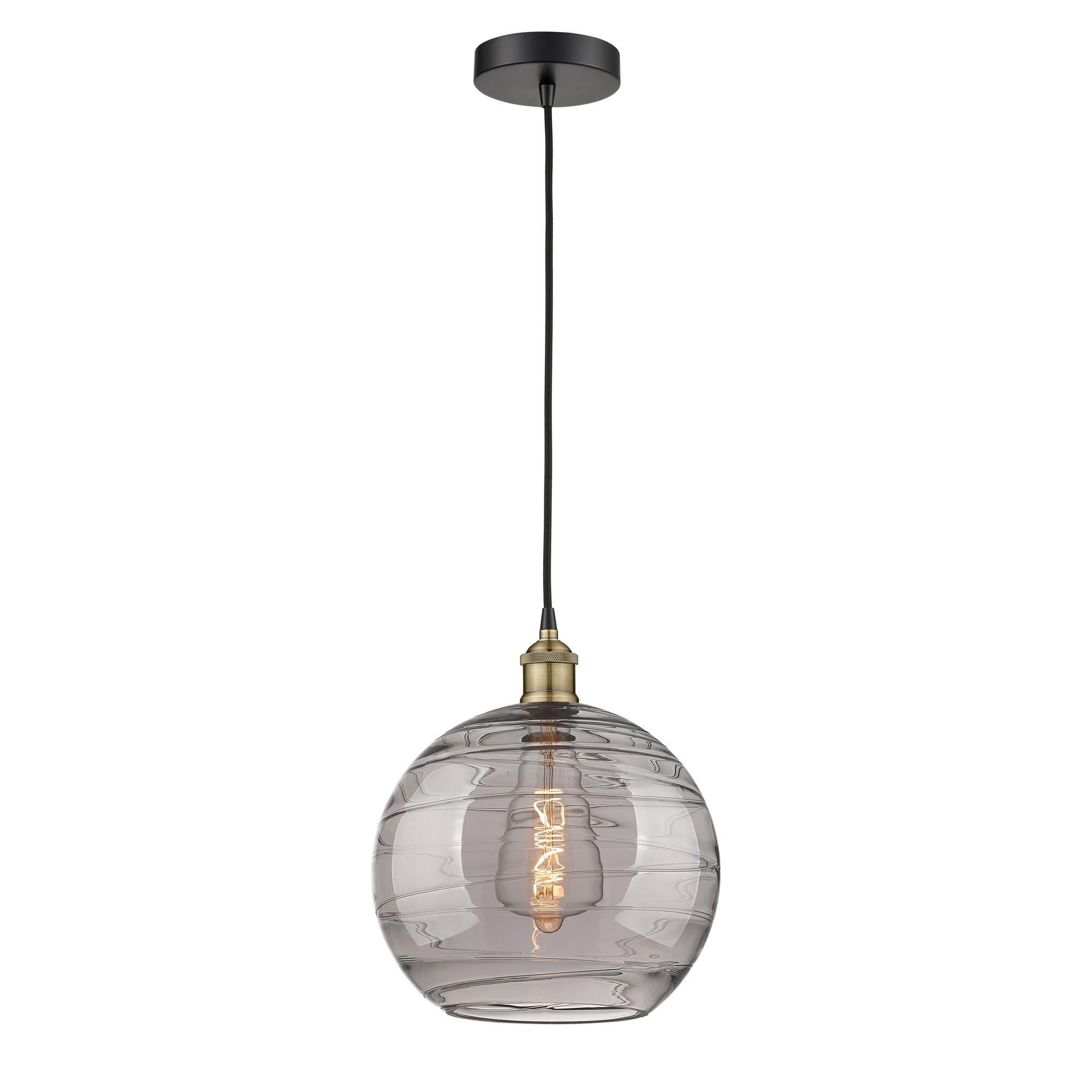 Shown in Black Antique Brass finish and Light Smoke Deco Swirl glass