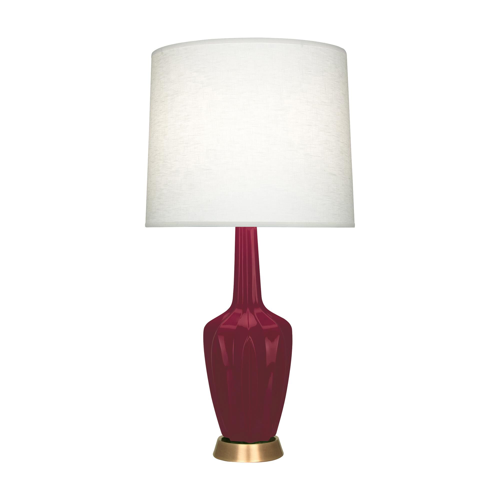 Shown in Sugar Plum Glazed finish and Oyster Linen shade and Warm Brass accent