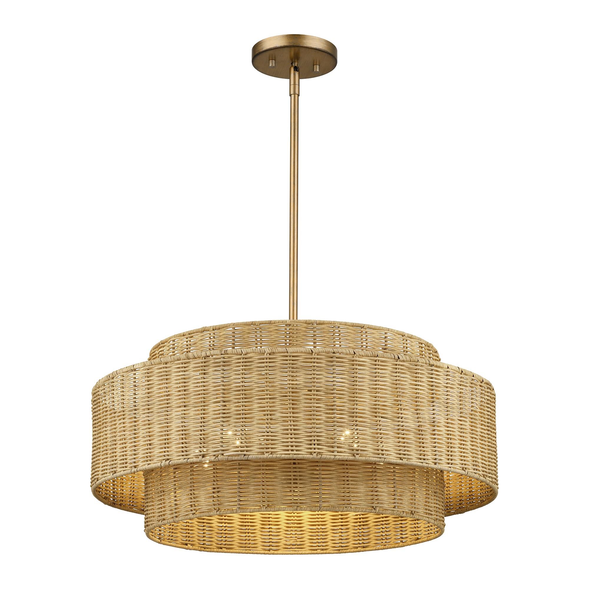 Shown in Antique Gold Leaf finish and Hand-Woven Rustic Walnut Color Rattan shade