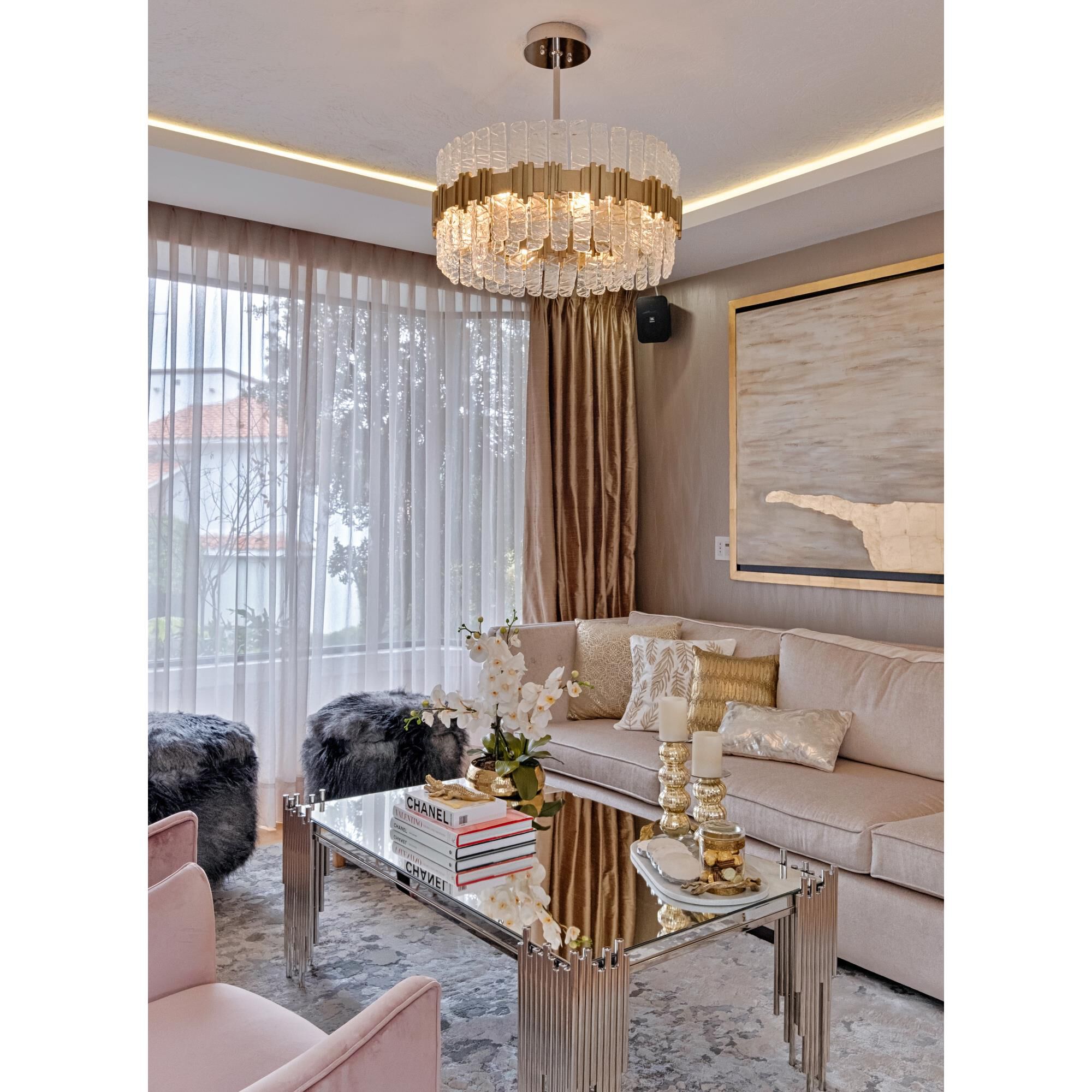 Shown in Silver Leaf finish and Clear glass and Handmade Clear Glass shade and Polished Stainless accent