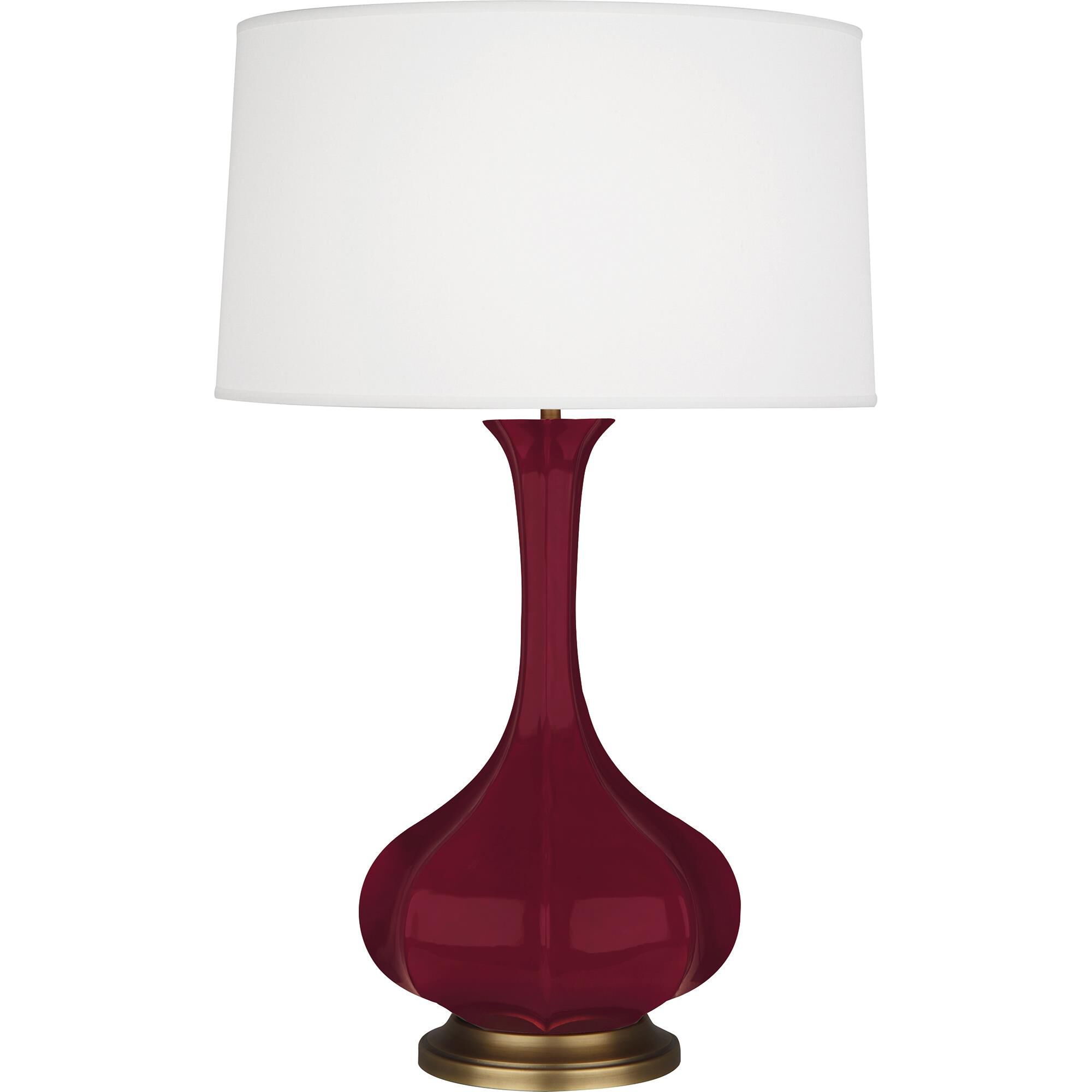 Shown in Sugar Plum Glazed finish and Pearl Dupioni shade and Aged Brass accent
