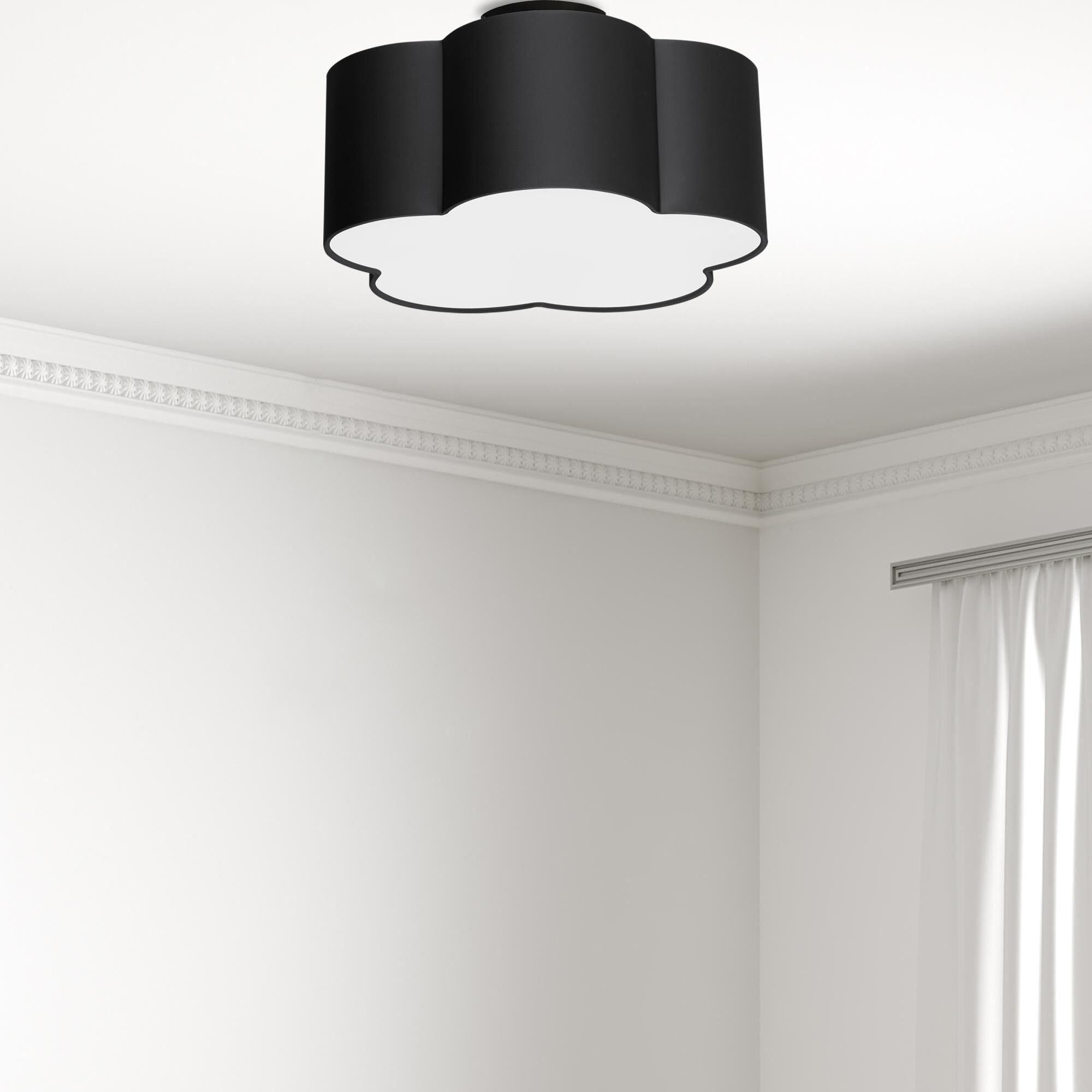 Shown in Matte Black and Black and White finish and Black Fabric Scallop shade