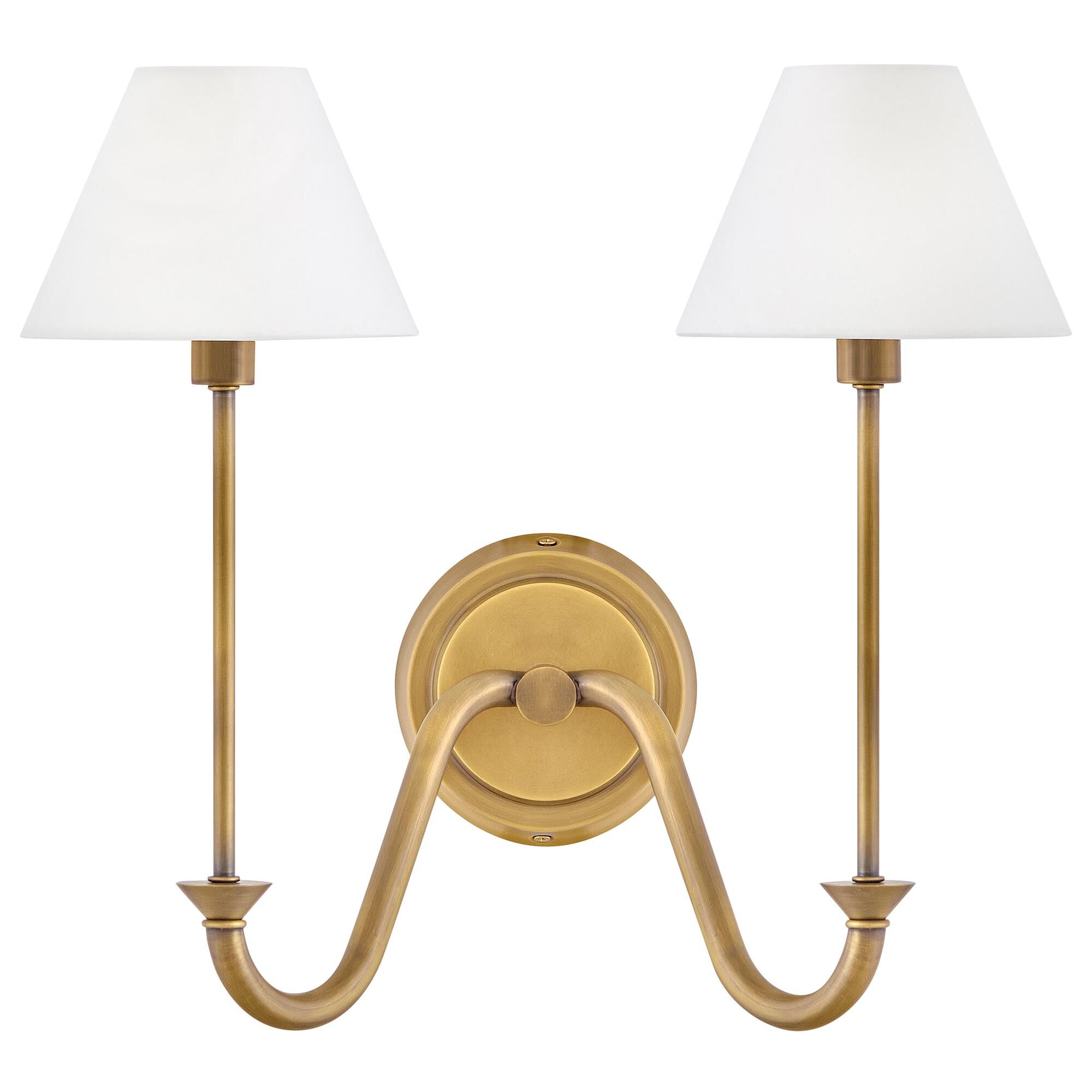 Shown in Heritage Brass finish and Off-White Linen shade