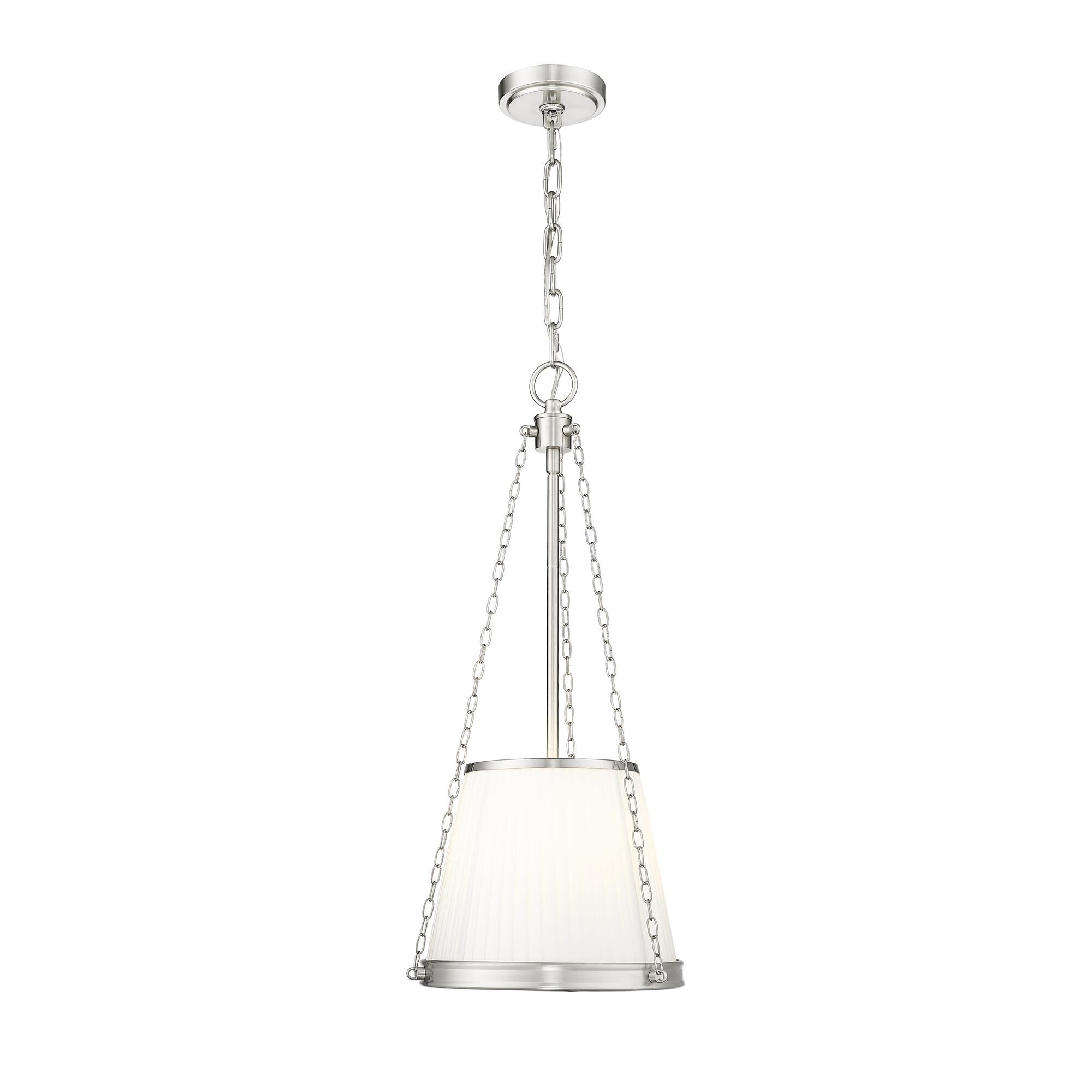 Shown in Brushed Nickel finish and White glass and White shade