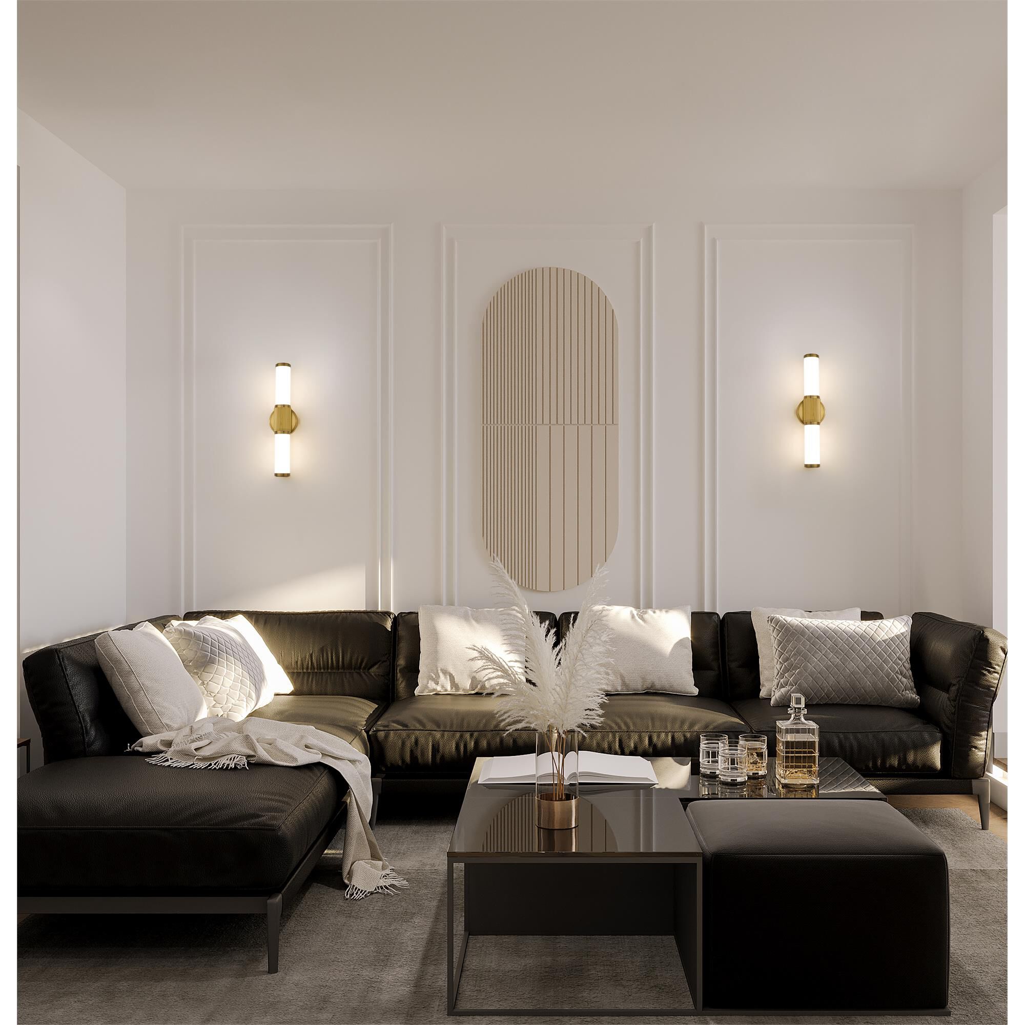 Shown in Modern Gold finish and Opal White glass and Opal White shade