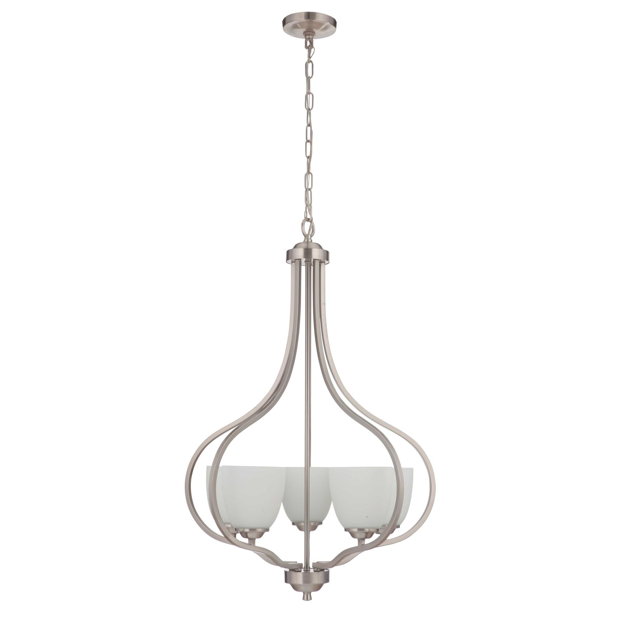 Shown in Brushed Polished Nickel finish and White Frosted glass and Glass shade