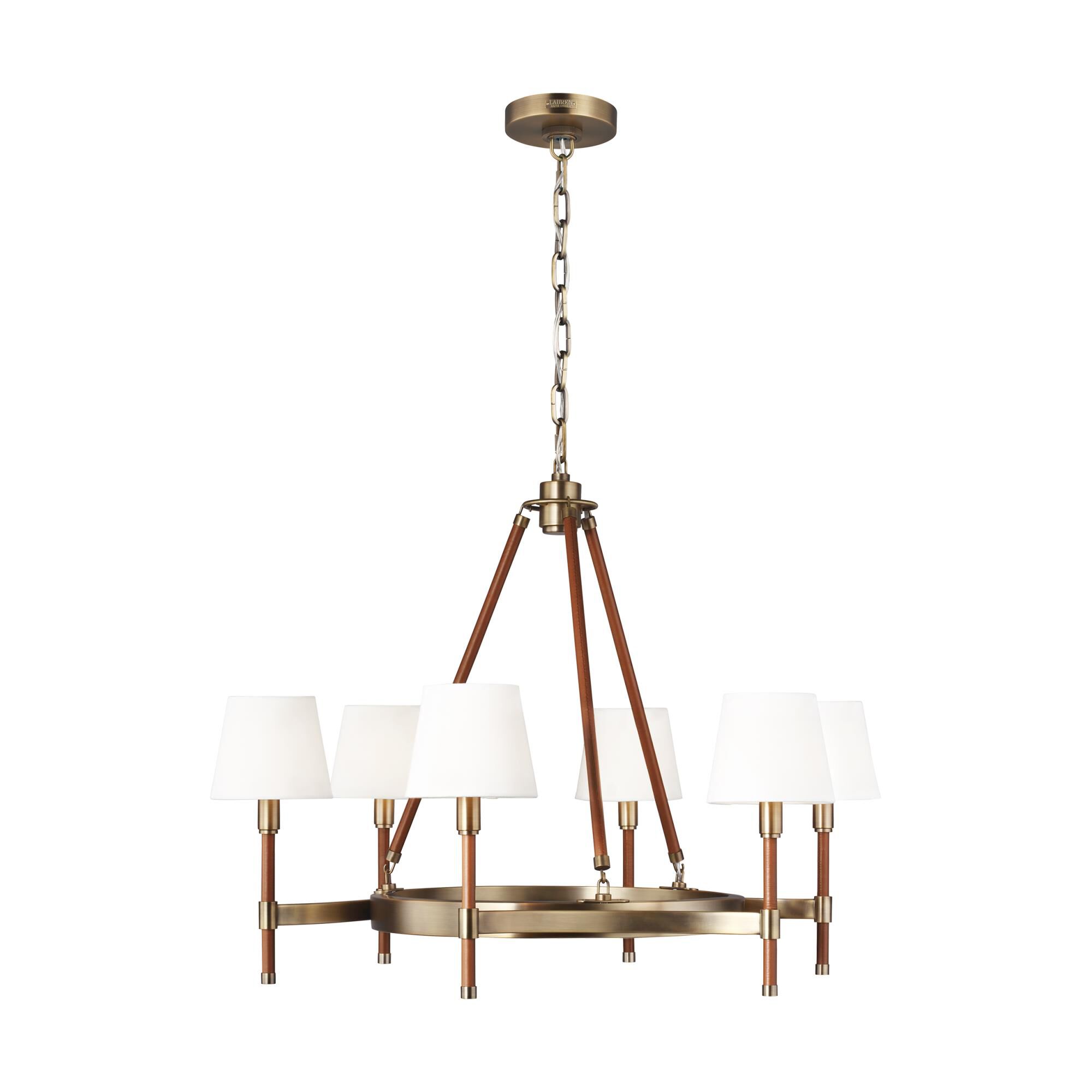Shown in Time Worn Brass finish and White Linen Fabric shade