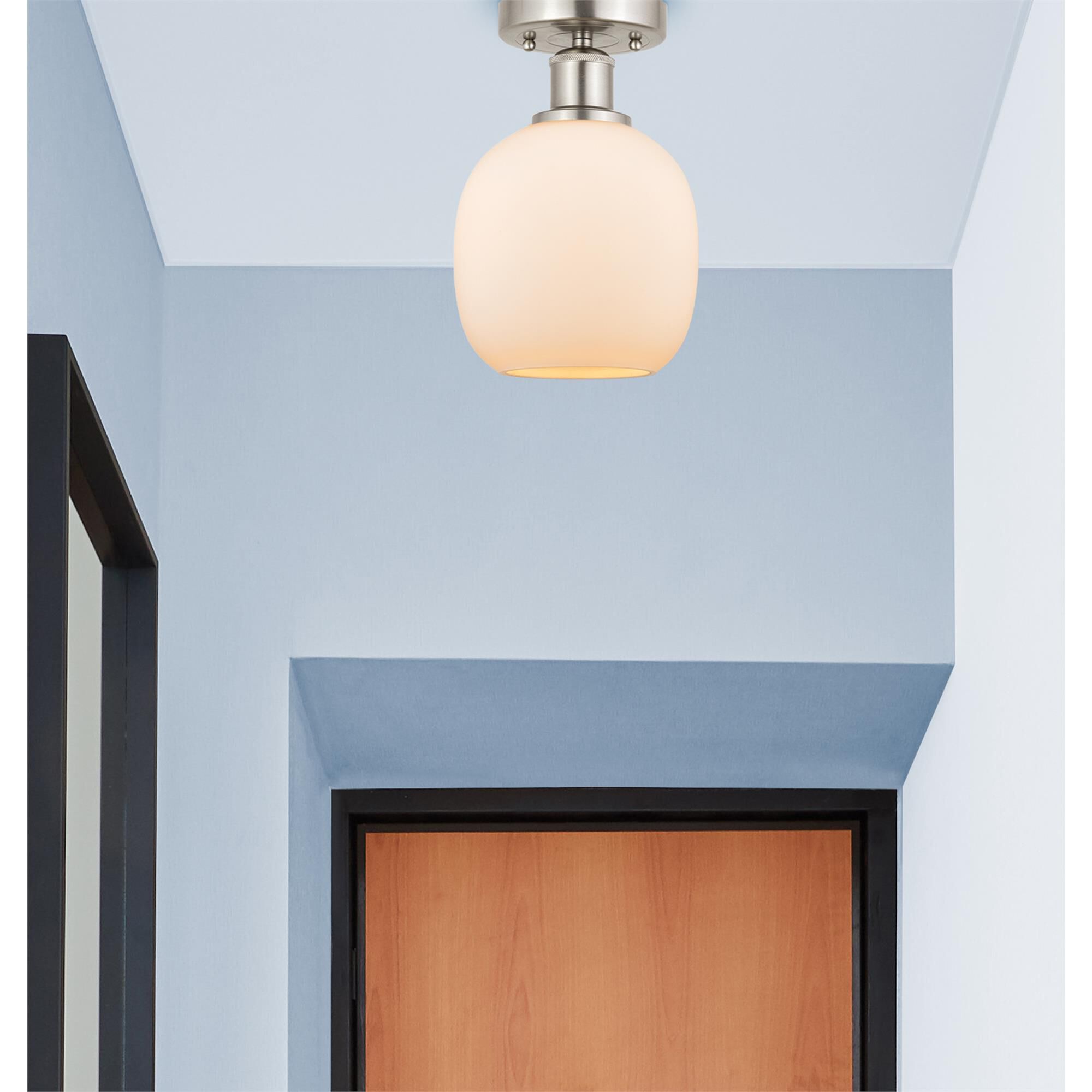 Shown in Brushed Satin Nickel finish and Matte White glass