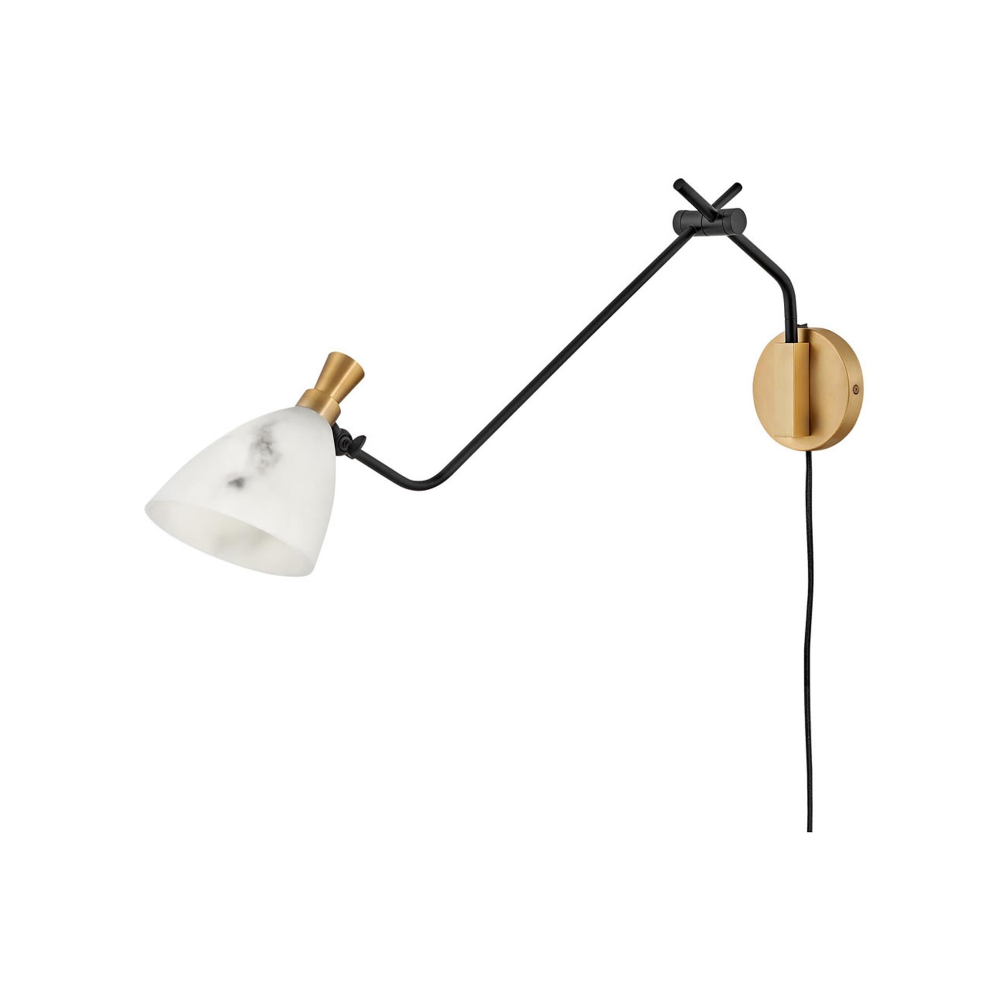 Shown in Heritage Brass finish and Faux Alabaster glass and Black accent