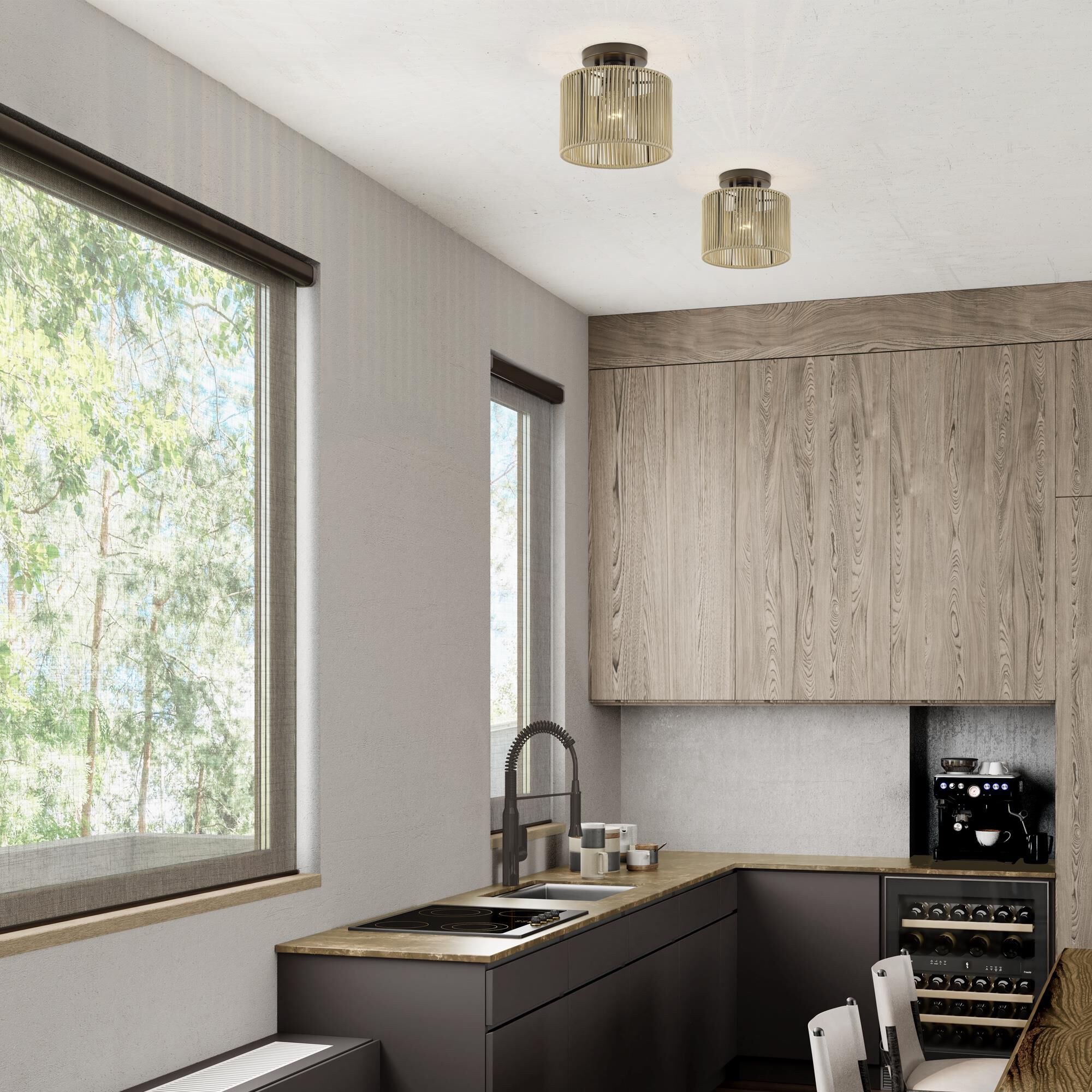 Shown in English Bronze finish and Hand-Woven Venetian Gold Color Polyester Rope shade