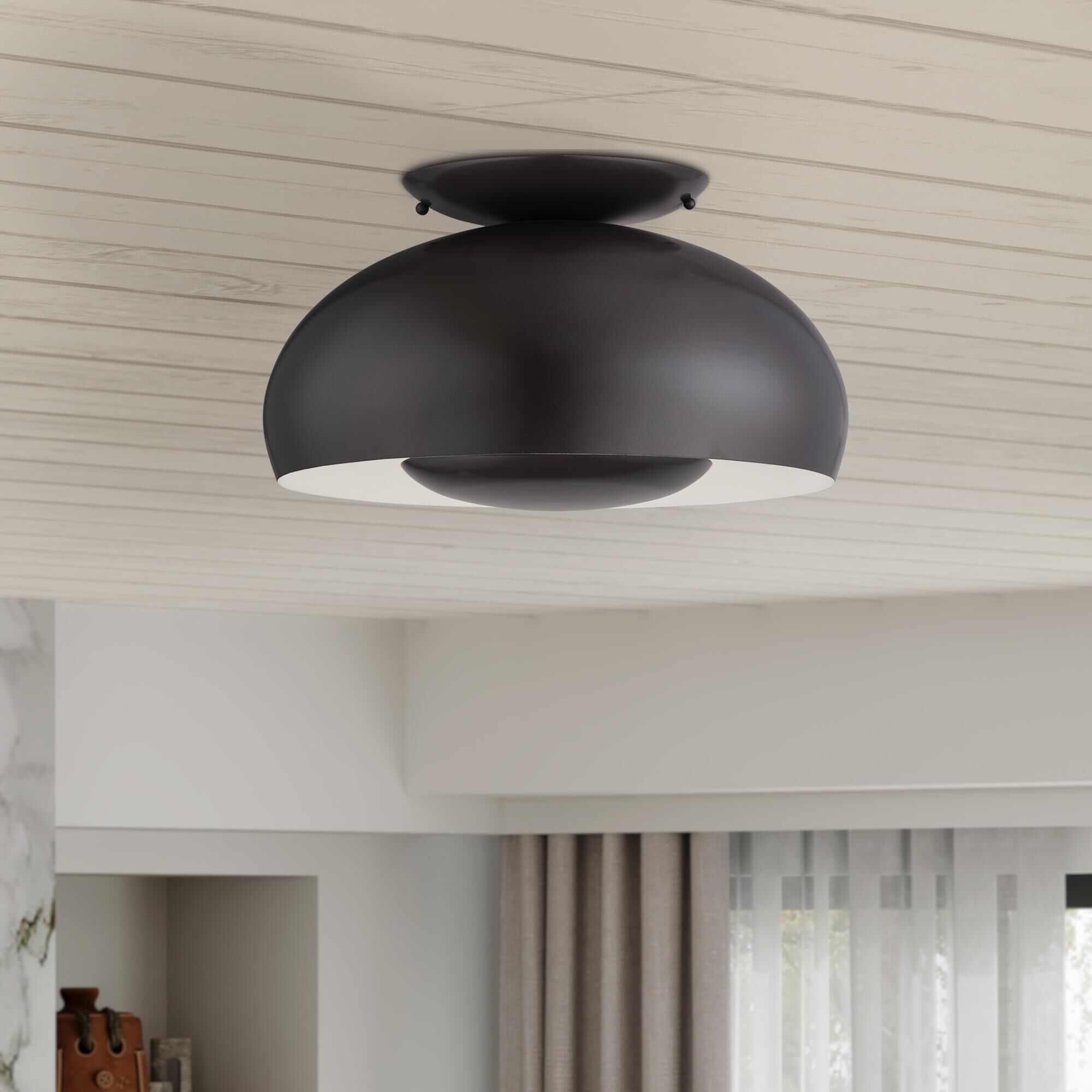 Shown in English Bronze finish and English Bronze Steel with Shiny White Inside shade