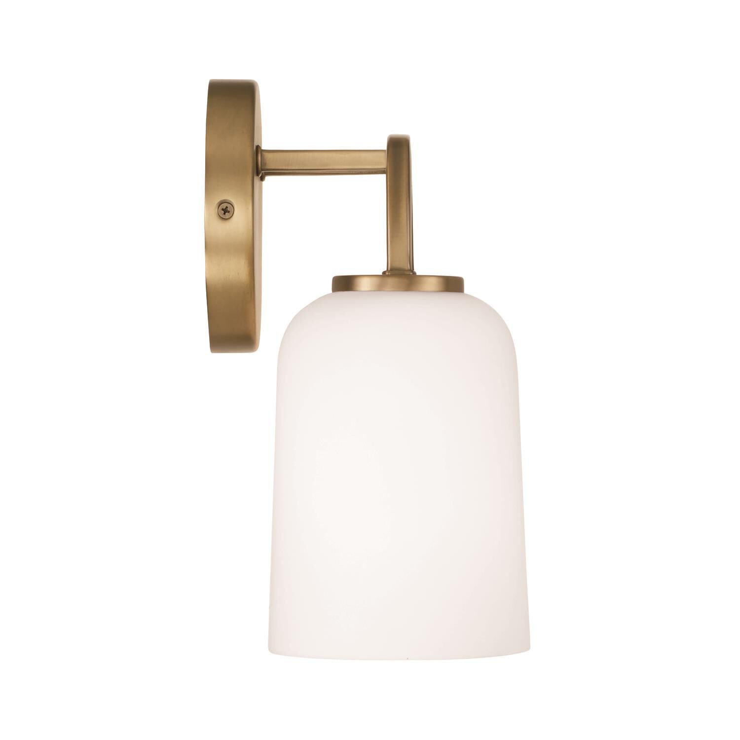 Shown in Aged Brass finish and Soft White glass