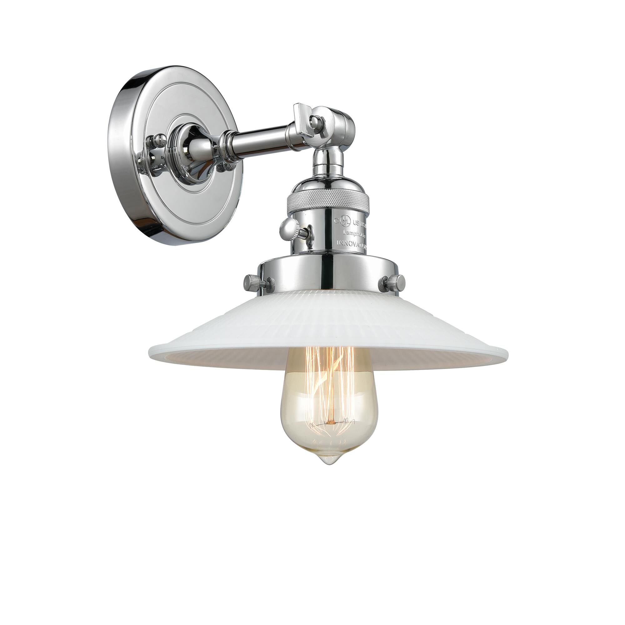 Shown in Polished Chrome finish and Matte White Halophane - Cone glass