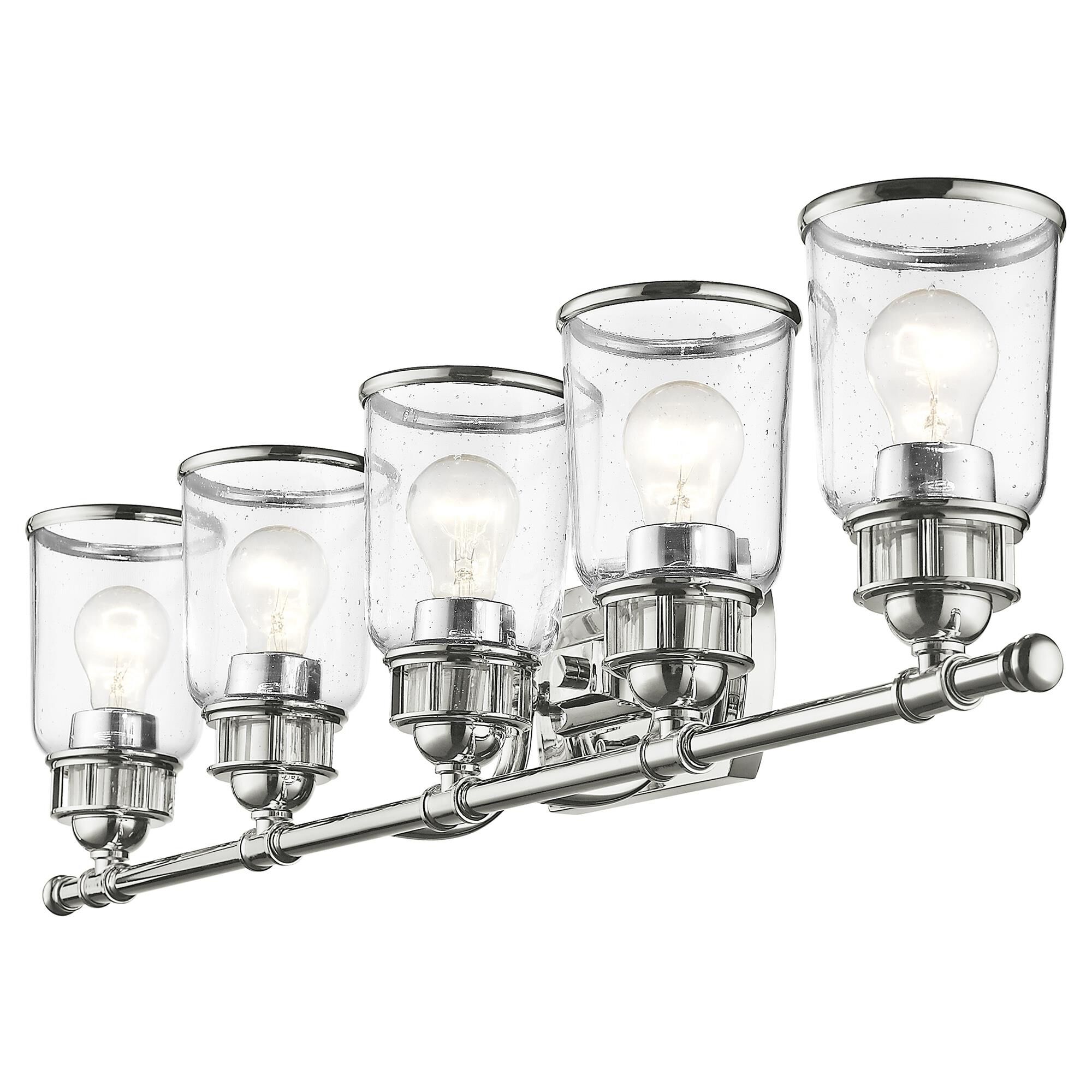 Shown in Polished Chrome finish and Hand Blown Clear Seeded glass