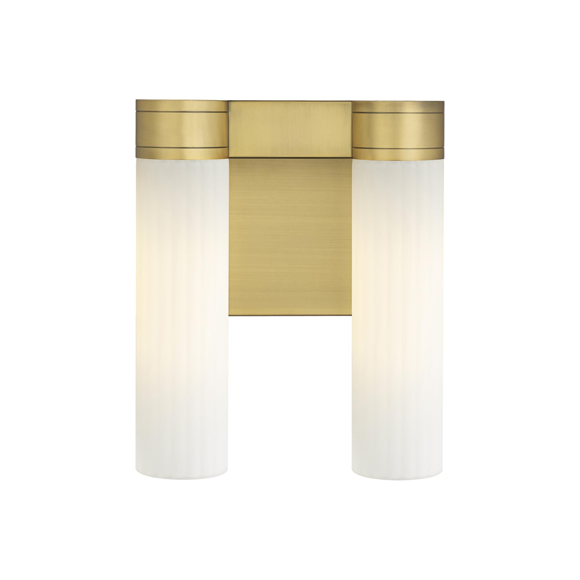 Shown in Brushed Brass finish and Matte White glass