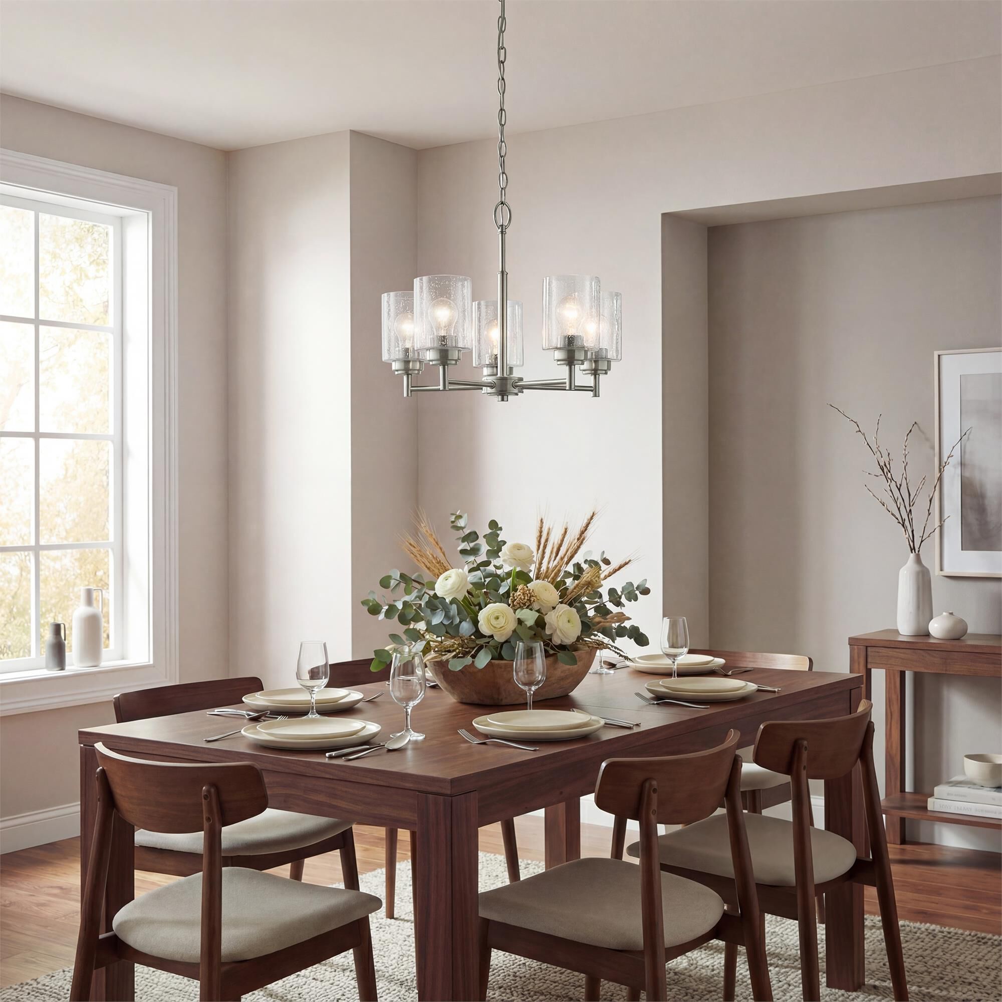 Shown in Brushed Nickel finish and Clear Seeded glass