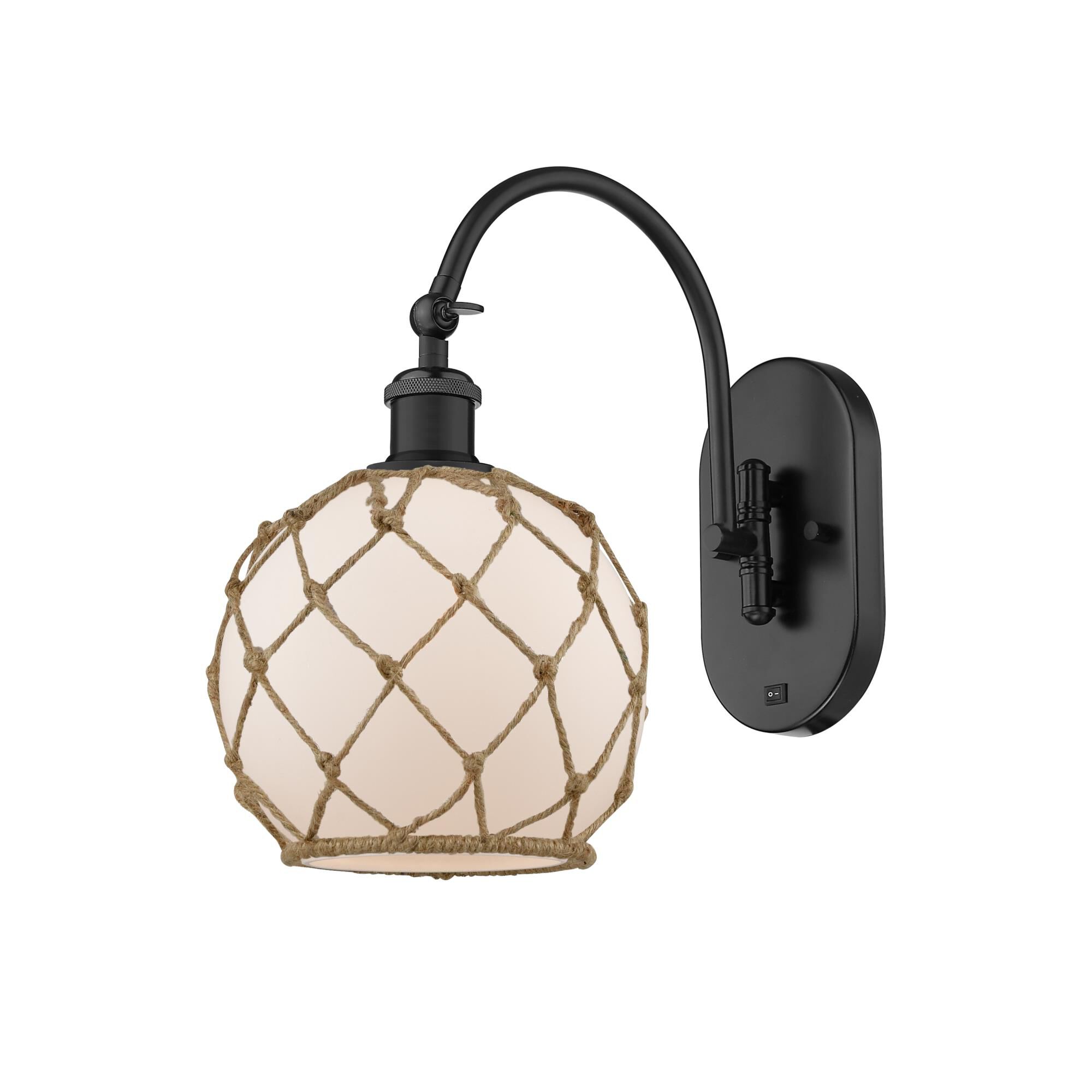 Shown in Matte Black finish and White glass and Brown Rope accent