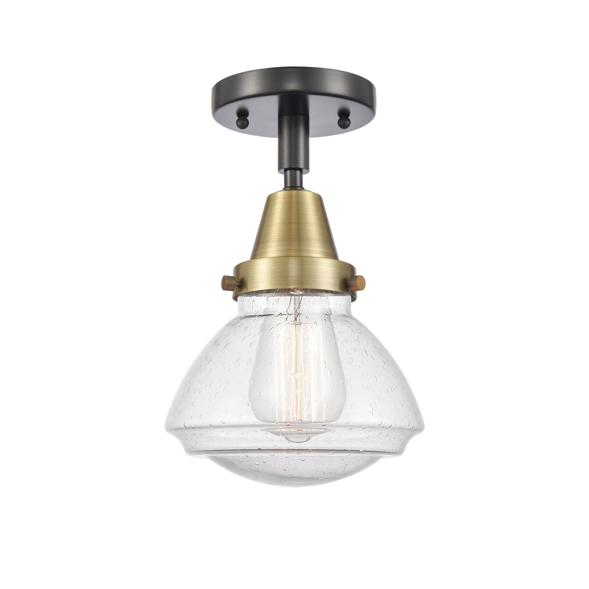 Shown in Black Antique Brass finish and Seedy Olean glass and No Shade shade