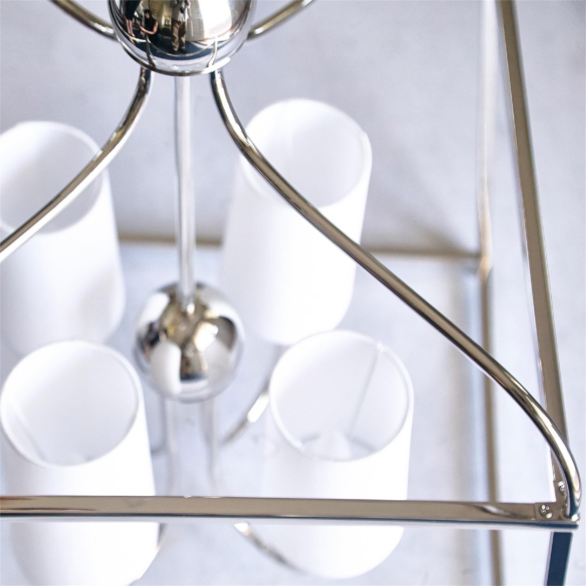 Shown in Polished Nickel finish and Silk glass and White shade