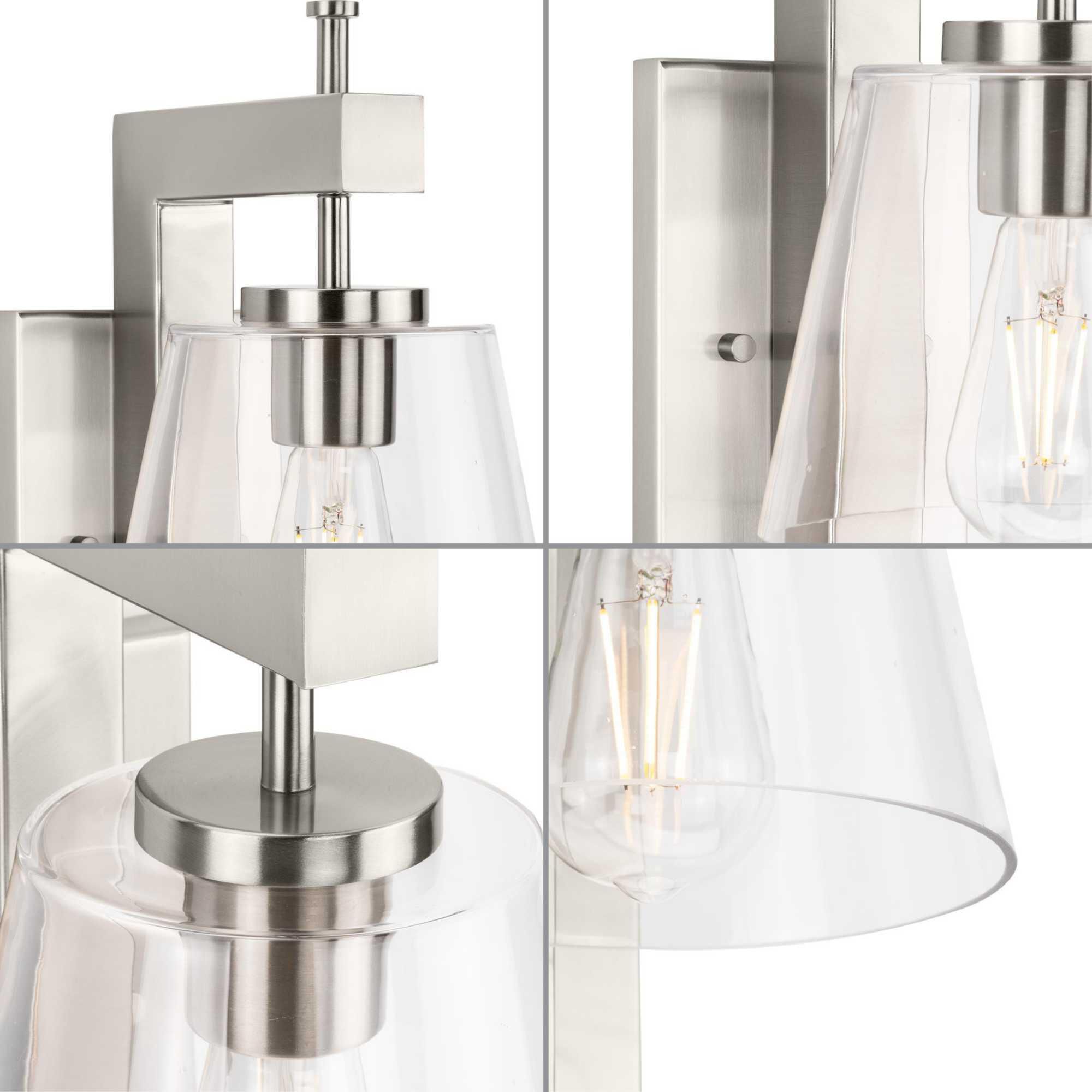 Shown in Brushed Nickel finish and Clear glass