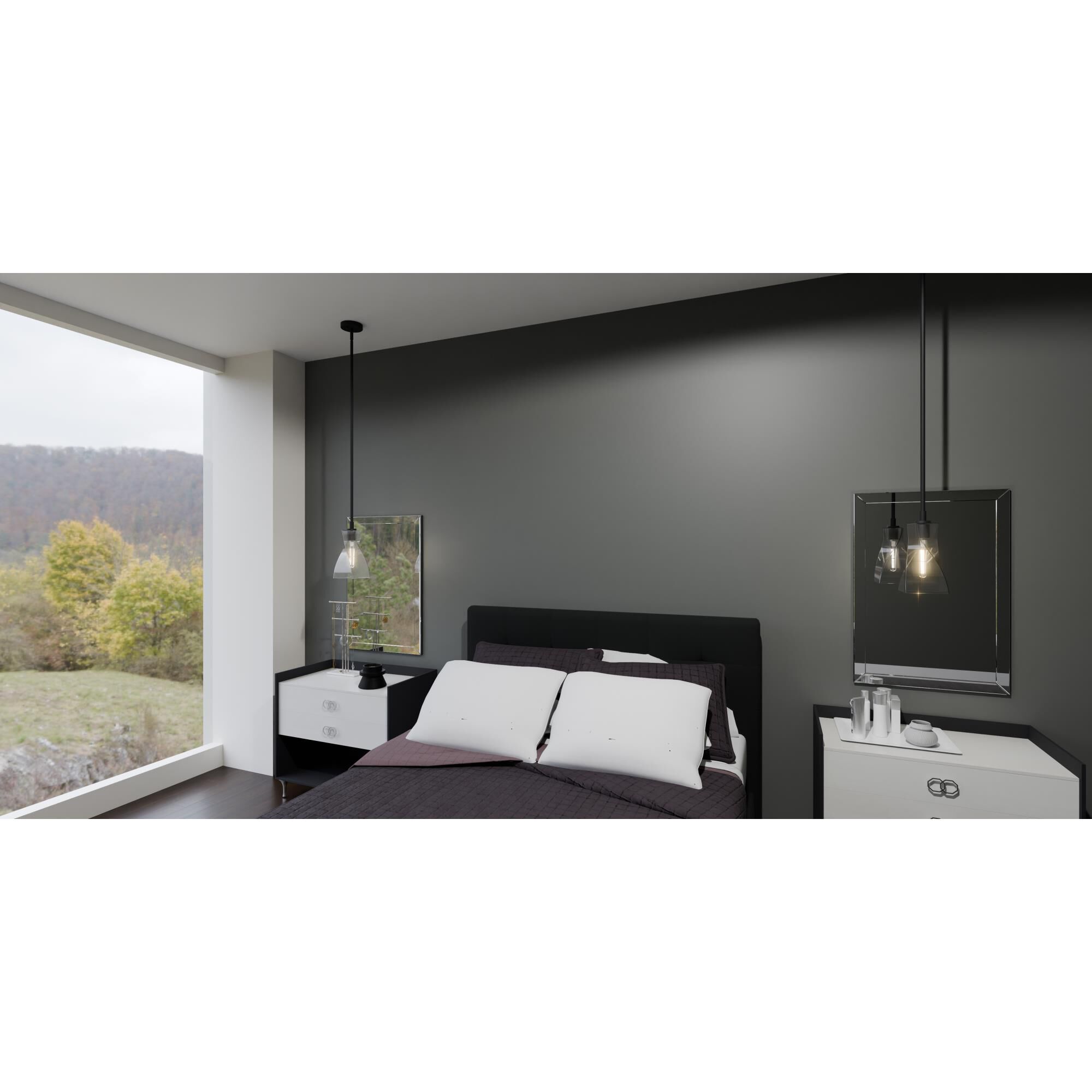 Shown in Matte Black finish and Clear Seedy glass