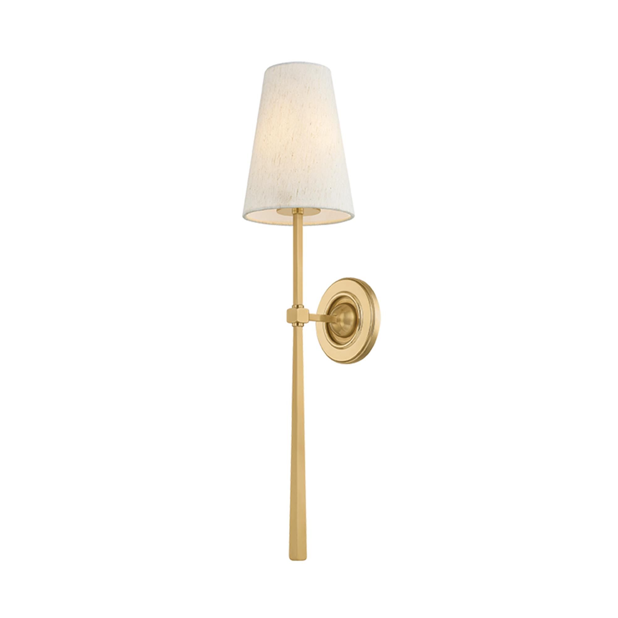 Shown in Vintage Brass finish and Raw Silk shade