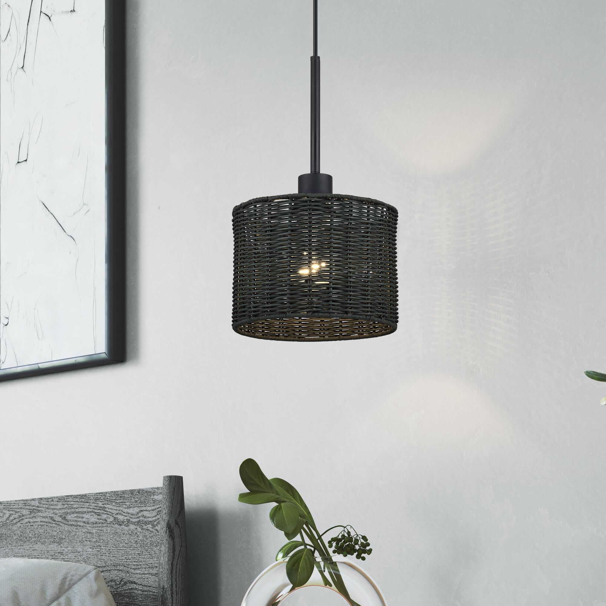 Shown in Black finish and Hand-Woven Charred Gray Color Rattan shade