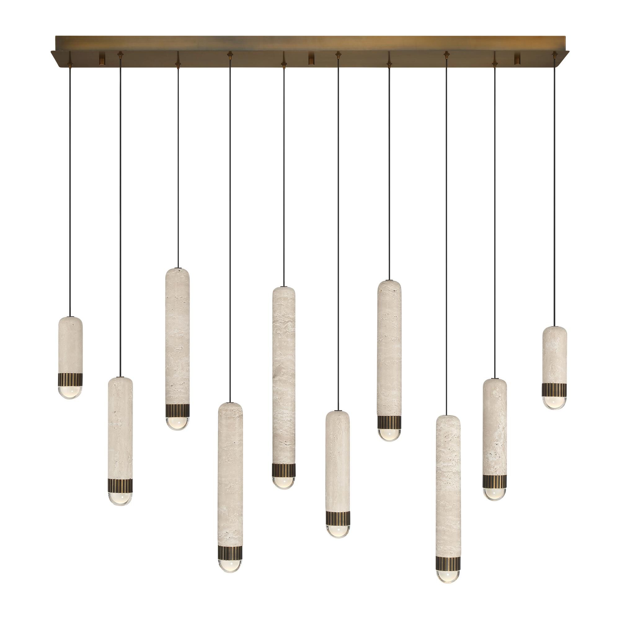 Shown in Antique Brass finish and Travertine shade