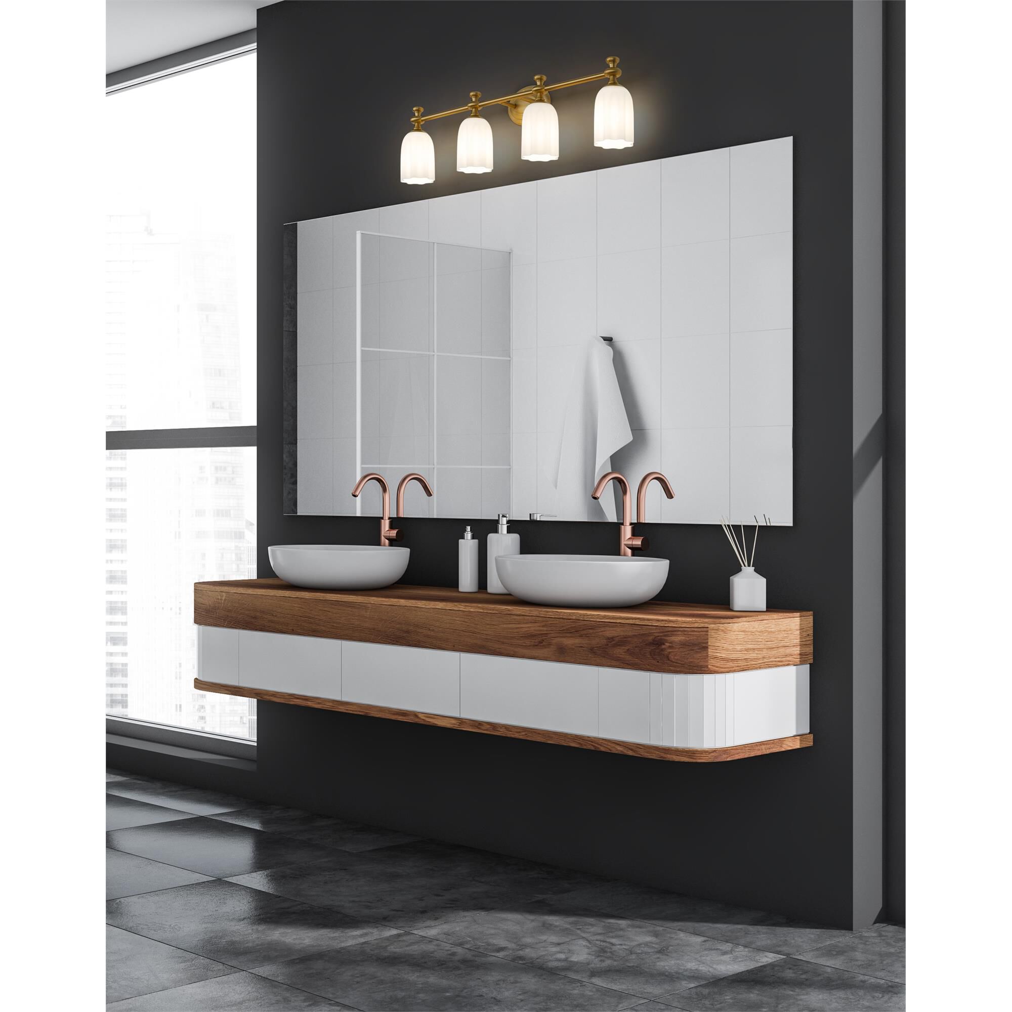 Shown in Modern Gold finish and Opal Etched glass and Opal Etched shade