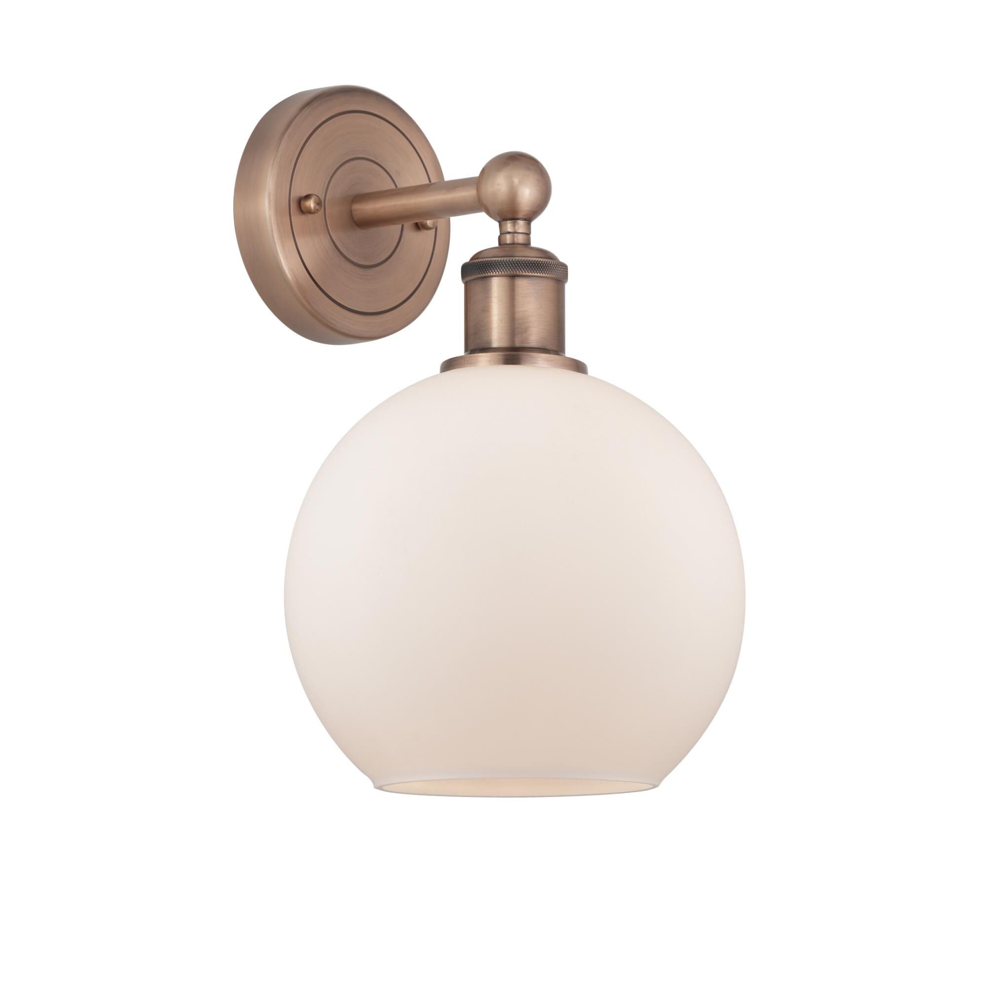 Shown in Antique Copper finish and Matte White glass