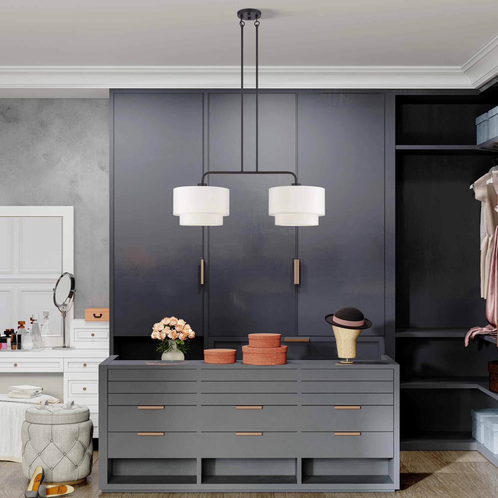 Shown in Bronze finish and Hand Crafted Off-White Fabric Hardbacks with White Fabric Inside shade