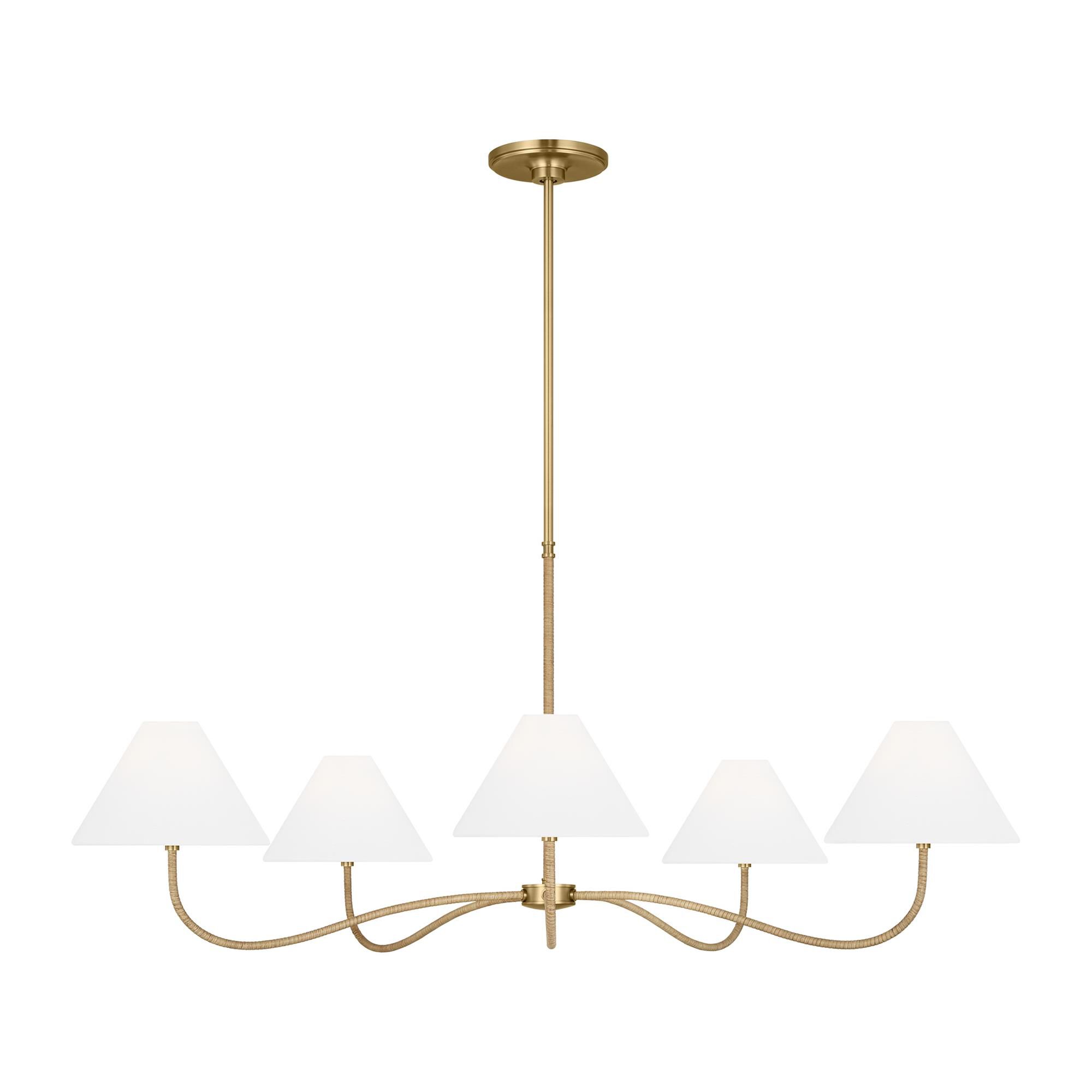 Shown in Burnished Brass finish and White Linen shade