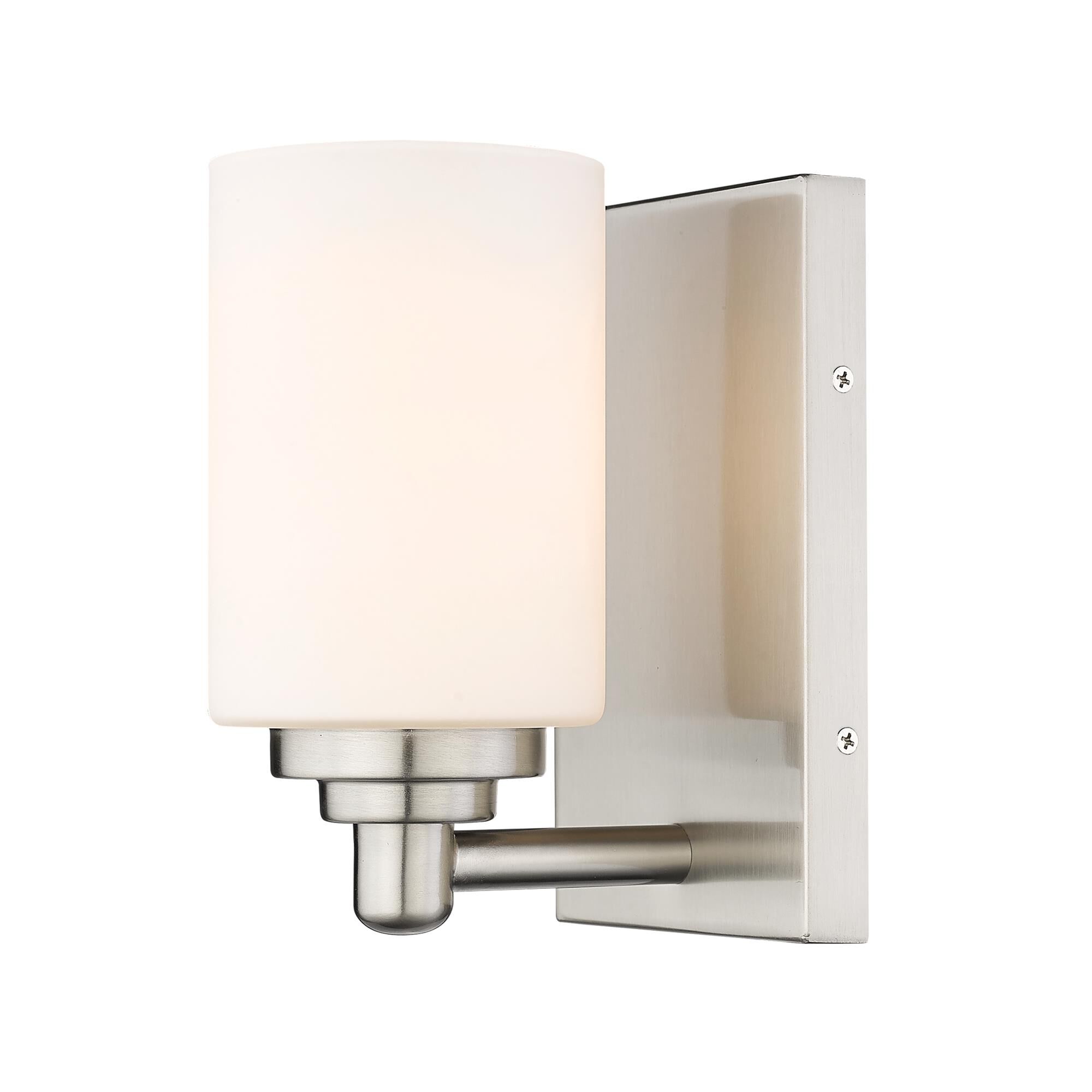 Shown in Brushed Nickel finish and White glass