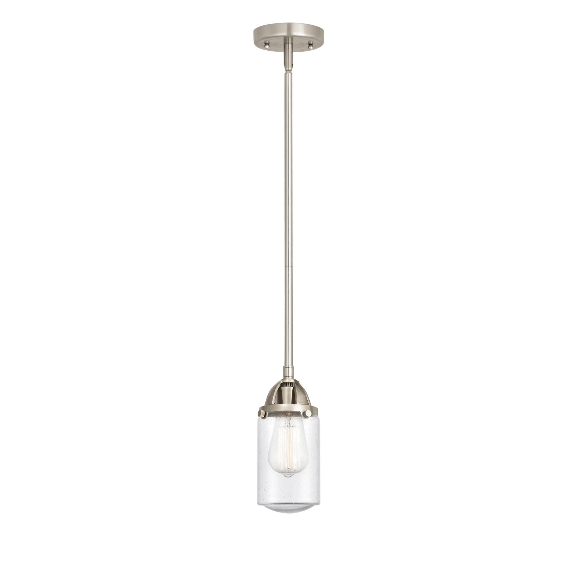 Shown in Brushed Satin Nickel finish and Seedy Dover glass and No Shade shade