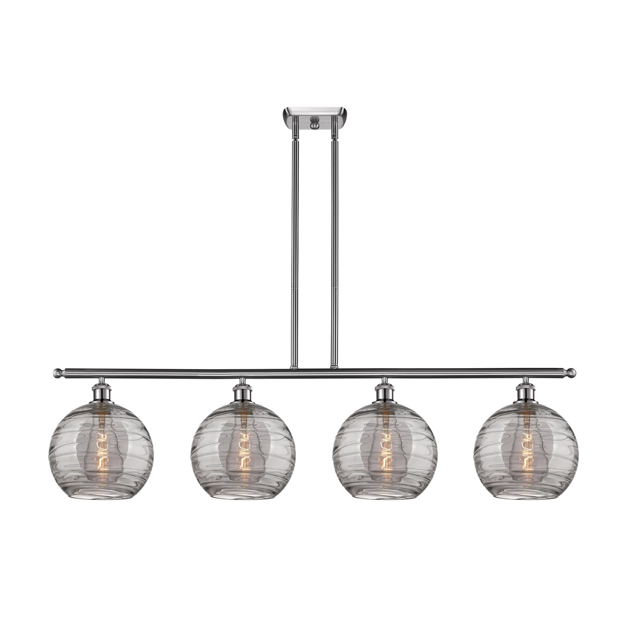 Shown in Brushed Satin Nickel finish and Light Smoke Deco Swirl glass