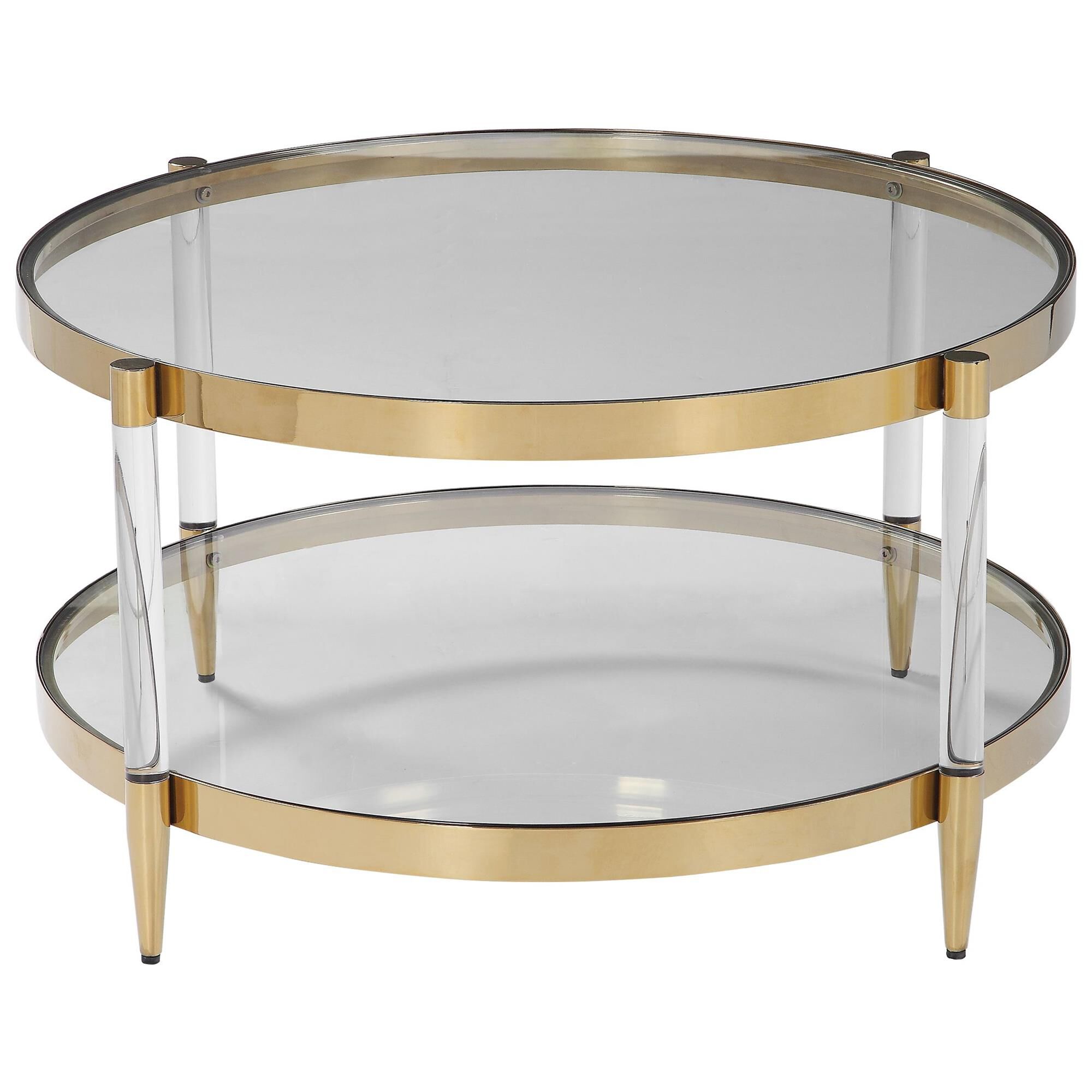 Shown in A True Glam Accent, Featuring A Gold Plated Stainless Steel Frame With Clear Glass, Acrylic Legs And finish