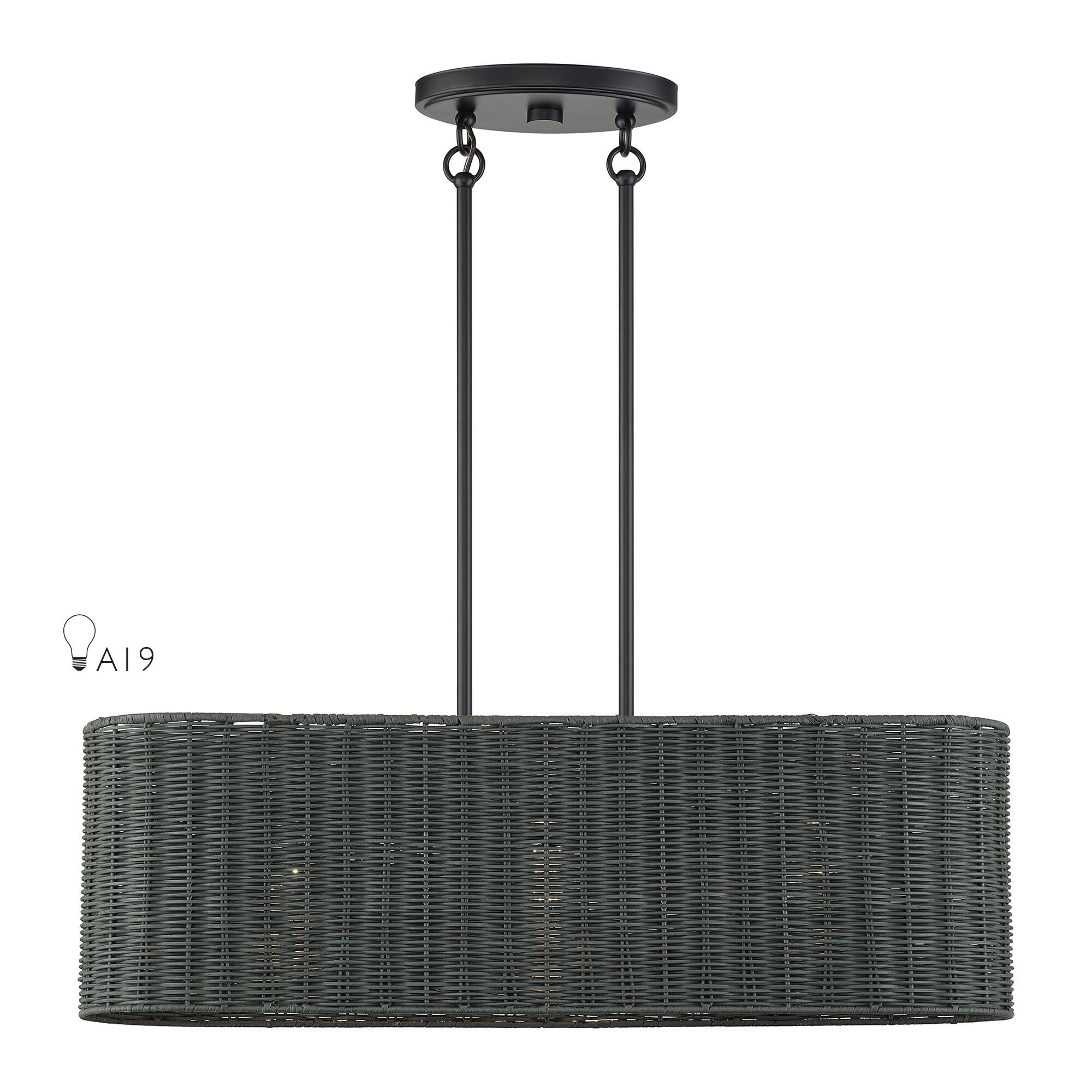 Shown in Black finish and Hand-Woven Charred Gray Color Rattan shade